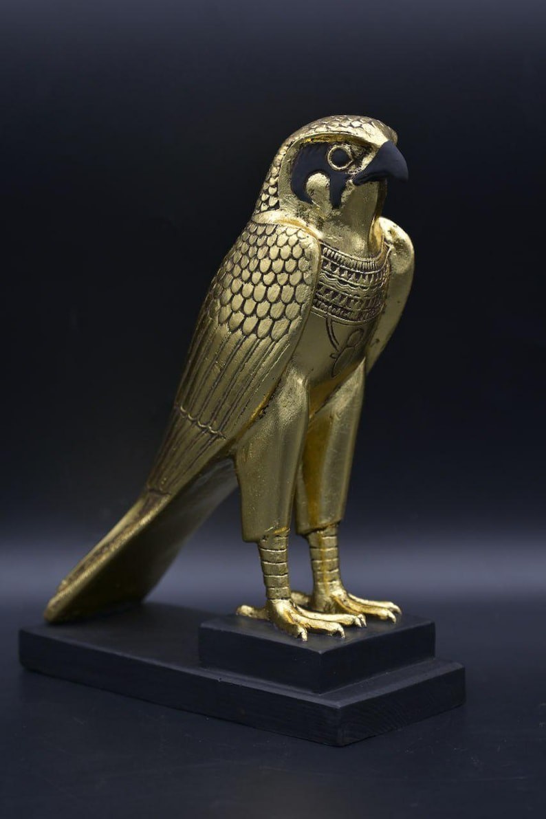 Gold Leaf Horus Statue Stone Egyptian Falcon God Sculpture Ancient Pharaoh BC