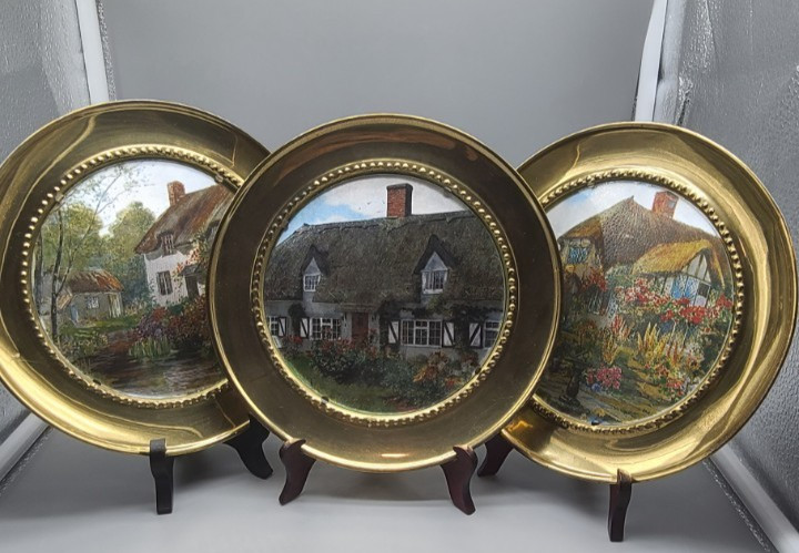 Set of 3 Vintage Wall Plaques Foil Art Images of English Cottages