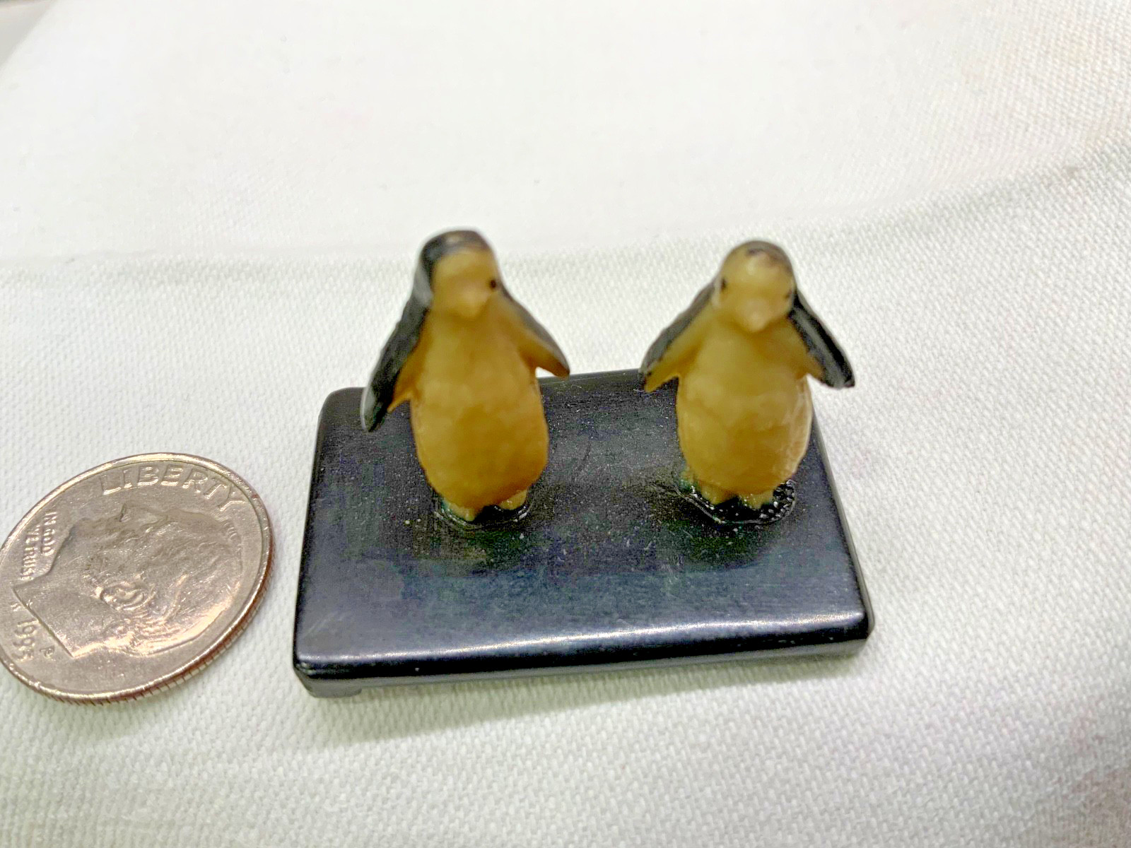 Very Unusual Vintage Set 2 Miniature Plastic Penguins on Platform Japan 3/4\