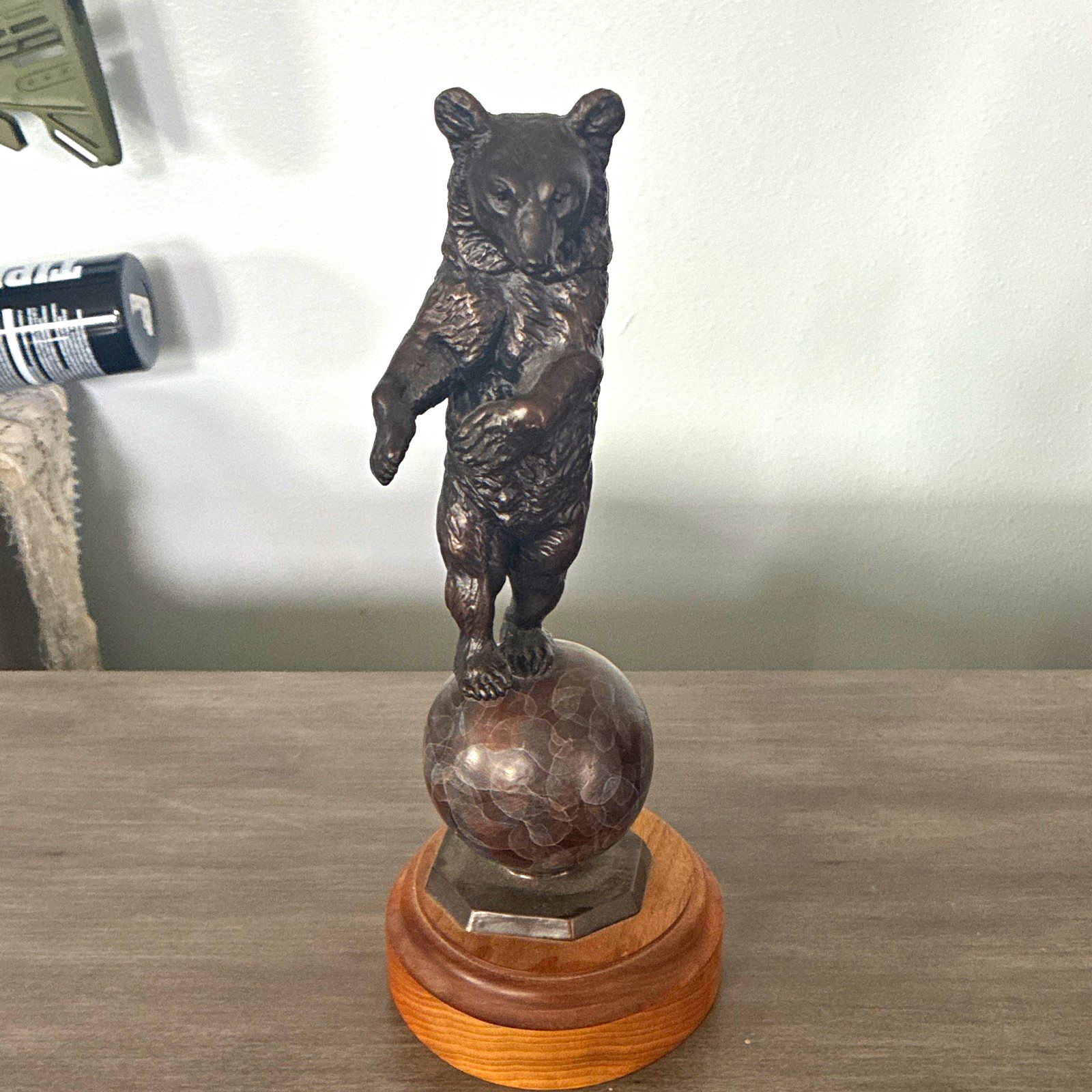 Eli Harvey Signed Bear Sculpture Balancing on Ball Metal Figure Wood Base