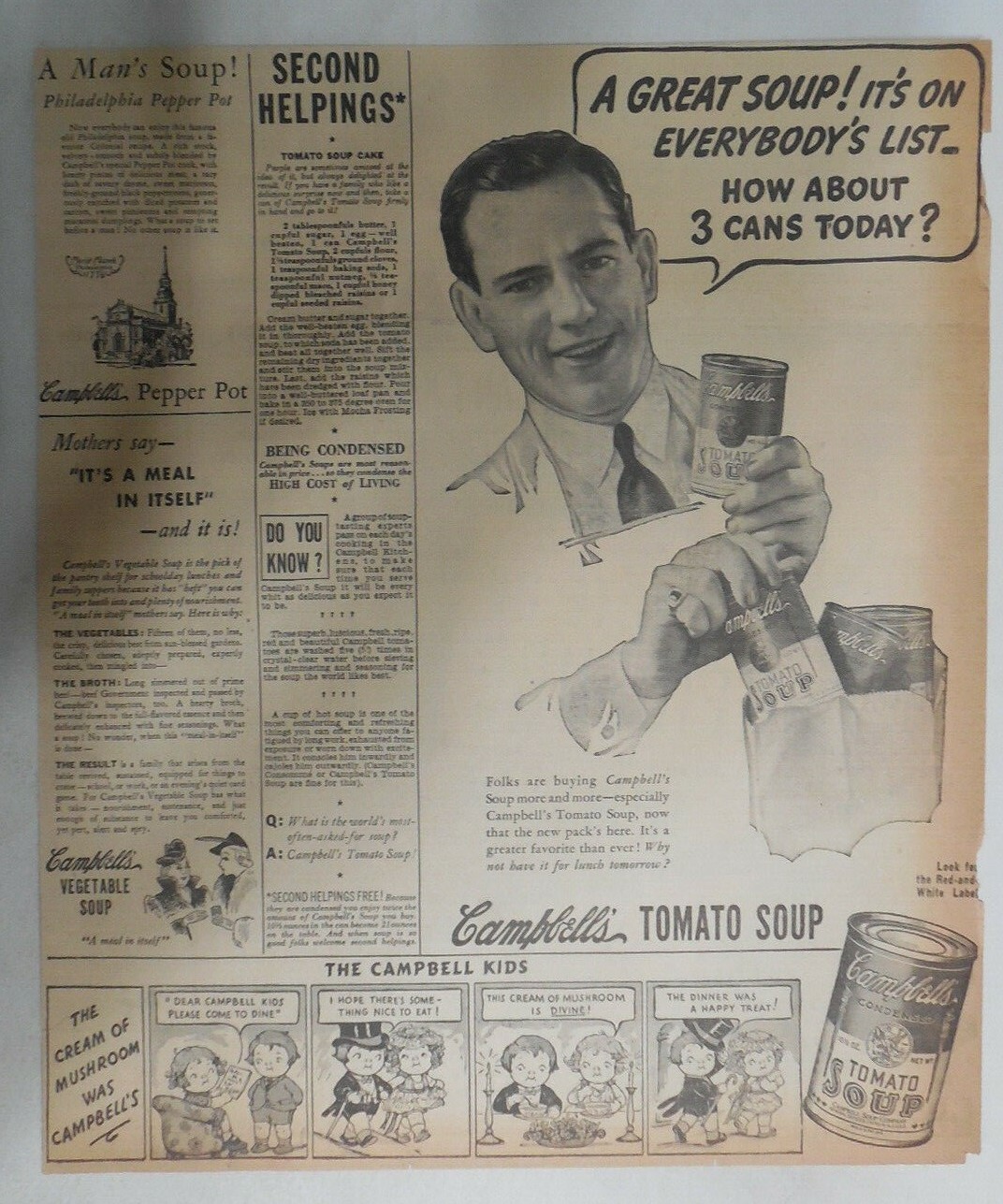 Campbell\'s Soup Ad: Great Soup On Everybody\'s List from 1930\'s 12 x 14 inches
