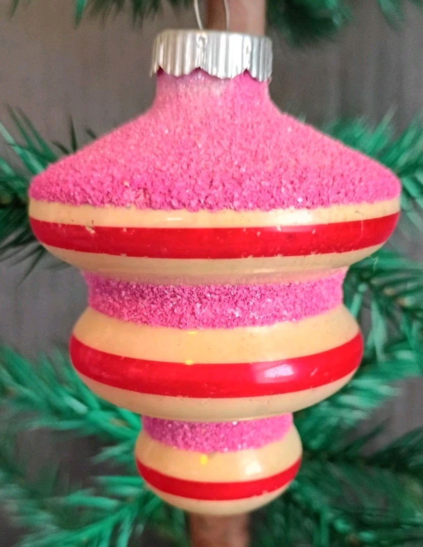 Vintage Shiny Brite Glass Mica TORNADO Striped Christmas Ornament Hot Pink Red