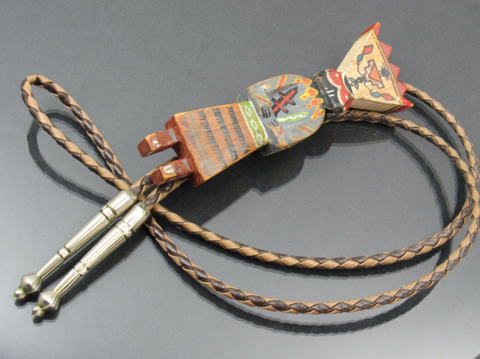 JEMEZ PUEBLO Gerry D Native American Hand Painted Carved Wooden Kachina Bolo Tie