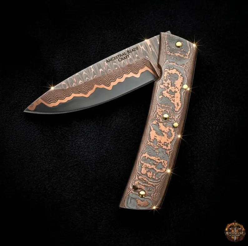 Luxury Copper Damascus Folding Knife–Handmade Cu Mai Pocket Knife EDC Gift