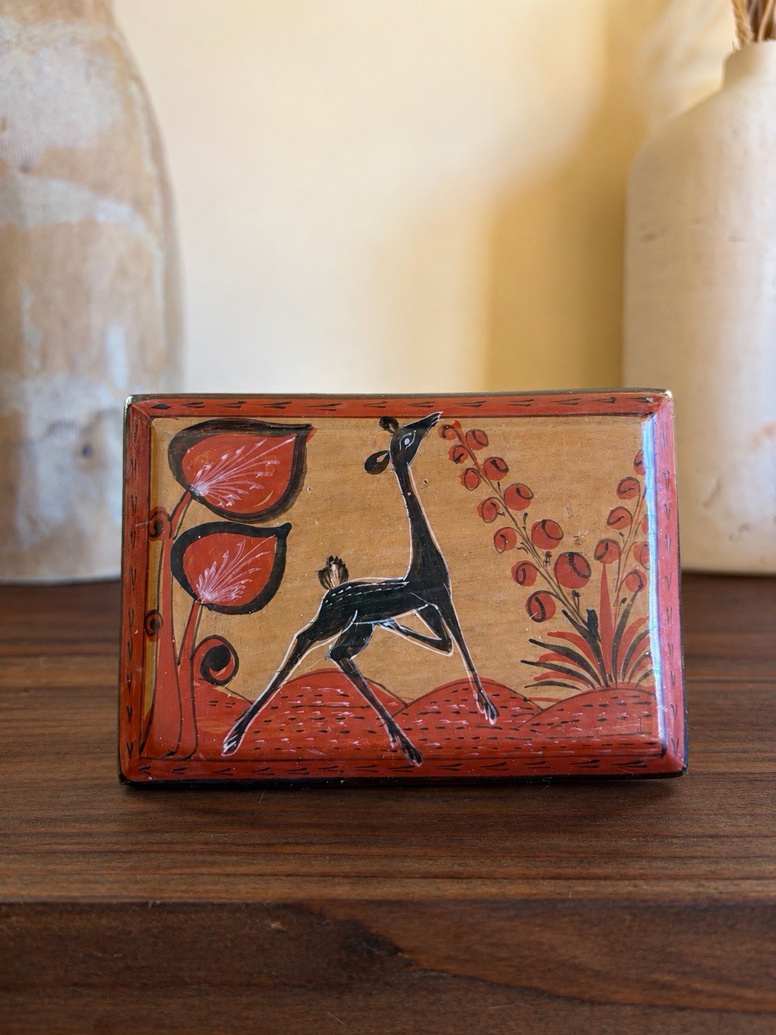 70’s Vtg Hand Painted Ceramic Trinket Box Rectangle Deer Floral Tan Red Black