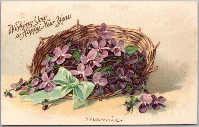 c1910s HAPPY NEW YEAR Postcard / Basket of Violet Flowers - Un-Signed Clapsaddle
