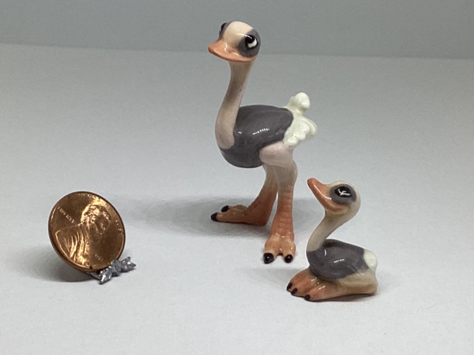 Vintage Hagen Renaker Miniature Pink and Gray Ostrich Mom and Baby Figurine Set