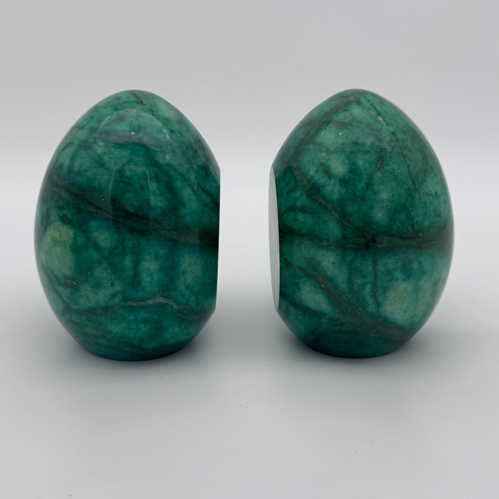 Vintage Ducceschi Volterra Green Alabaster Egg Shaped Bookends Italy Made Pair