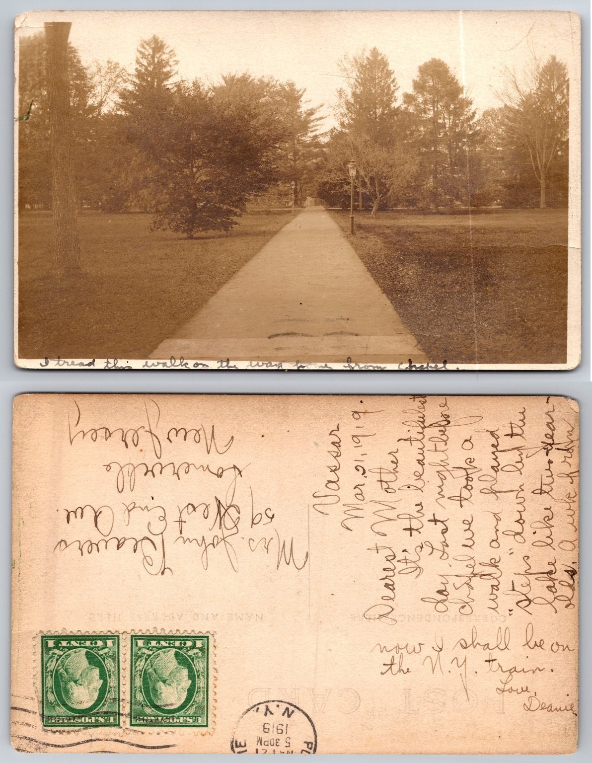 Vintage 1919 Vassar College Poughkeepsie NY RPPC Chapel Walk Postcard
