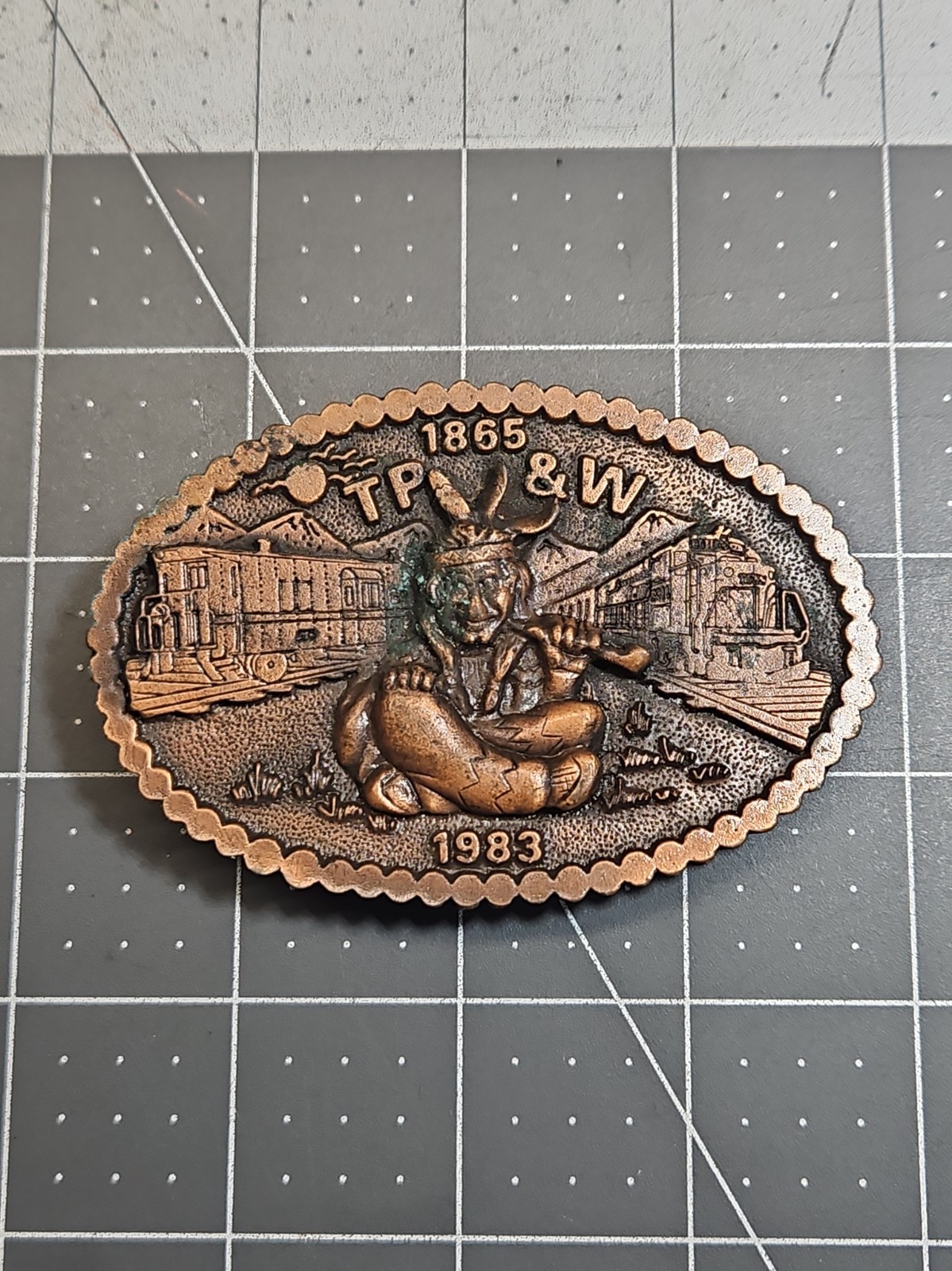 Vintage 1983 TP&W Railroad Belt Buckle Toledo Peoria & Western Railway Train 