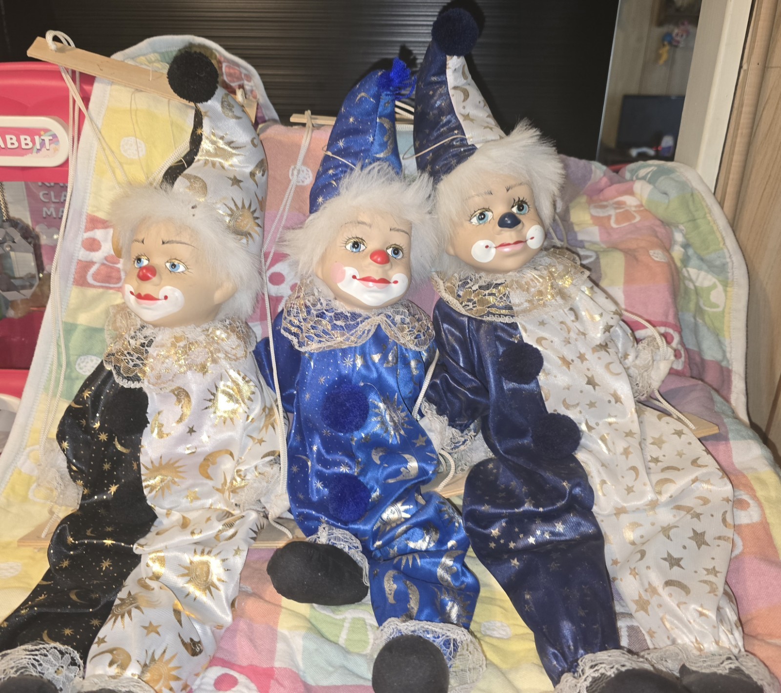 Lot Of Three Vintage marionette porcelain faced clowns on swing 