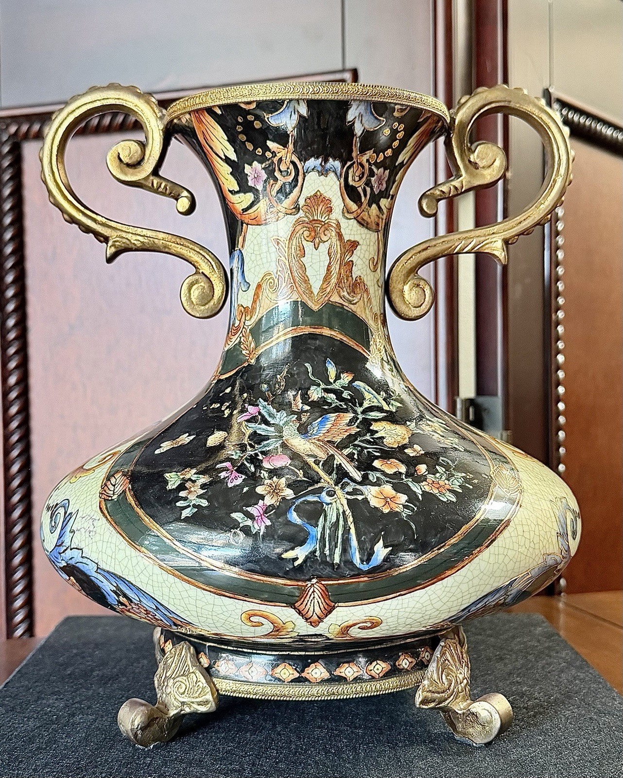 Chinese Satsuma-Style Porcelain Vase, Hand-Painted Birds & Flowers -Gilt Handles