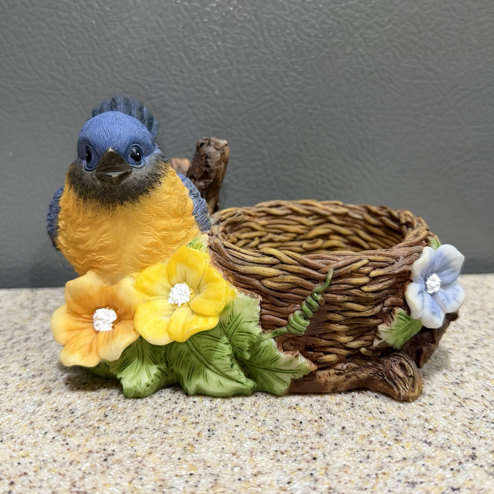 Vtg Hand Crafted Resin Bluebird & Nest Tealight Votive Candle Holder in EUC