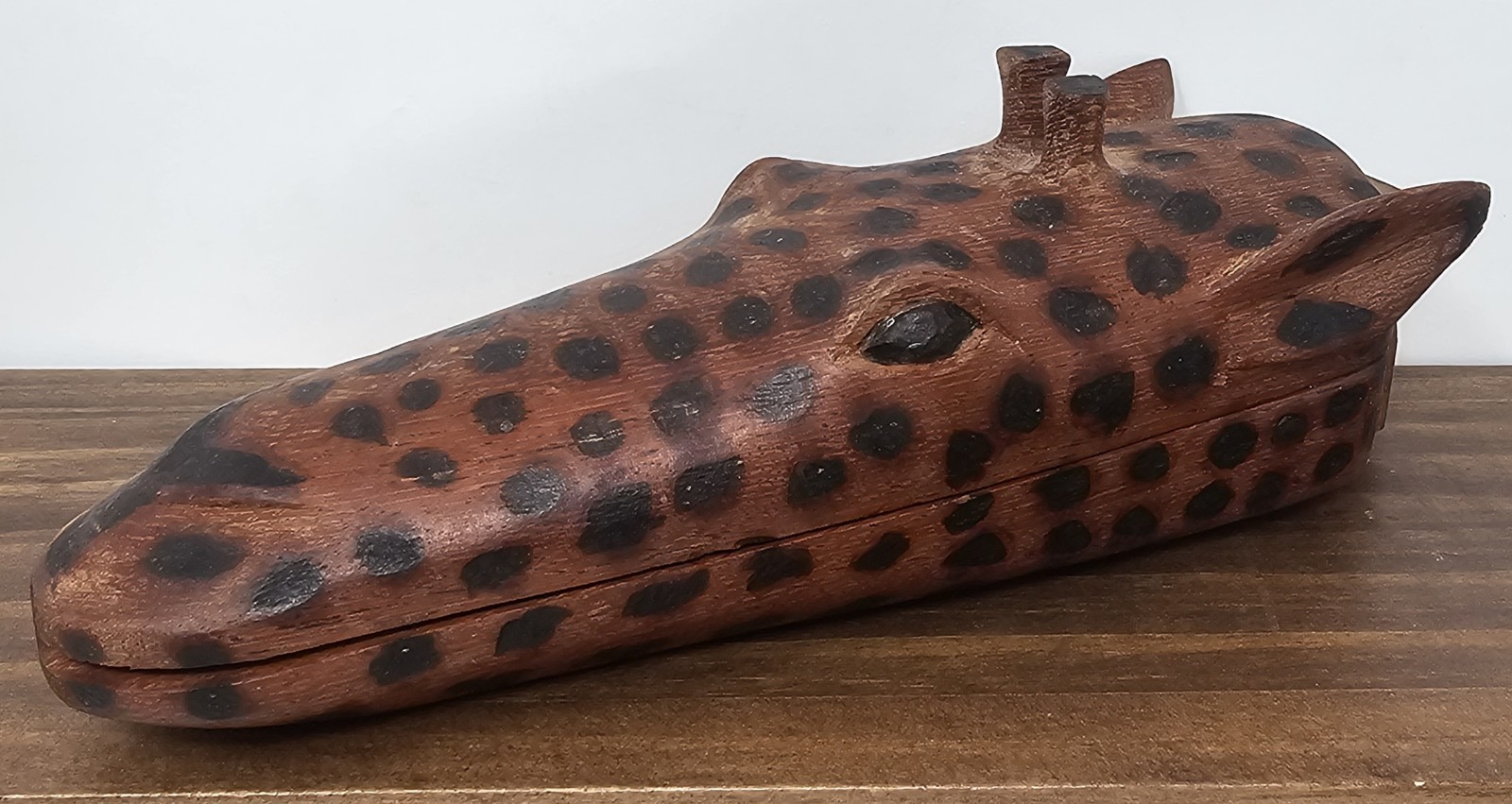 Hand Carved Painted Wood Giraffe Head Trinket Box With Lid Hinged Made In Kenya