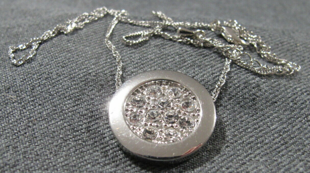 Vintage clear rhinestones silvertone metal rounded pendant chain strap necklace