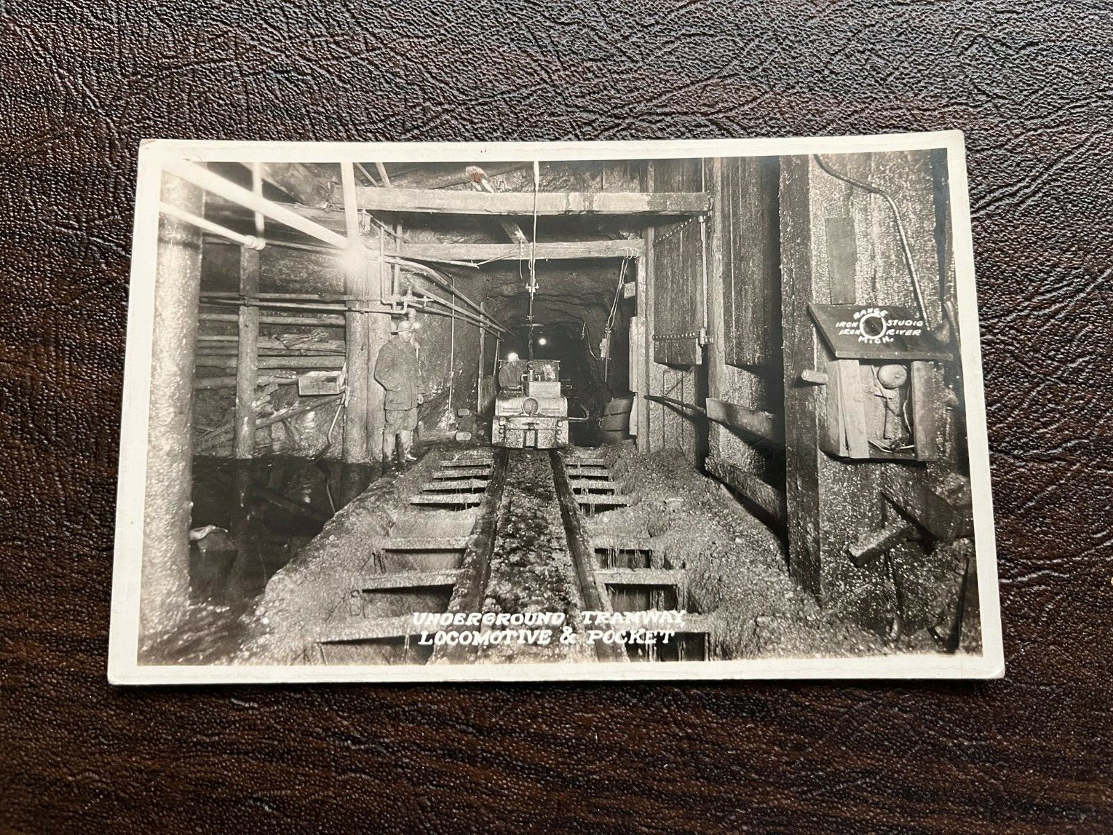 RPPC Iron River Michigan Underground Mining Scene Miners on Tramway 1930s