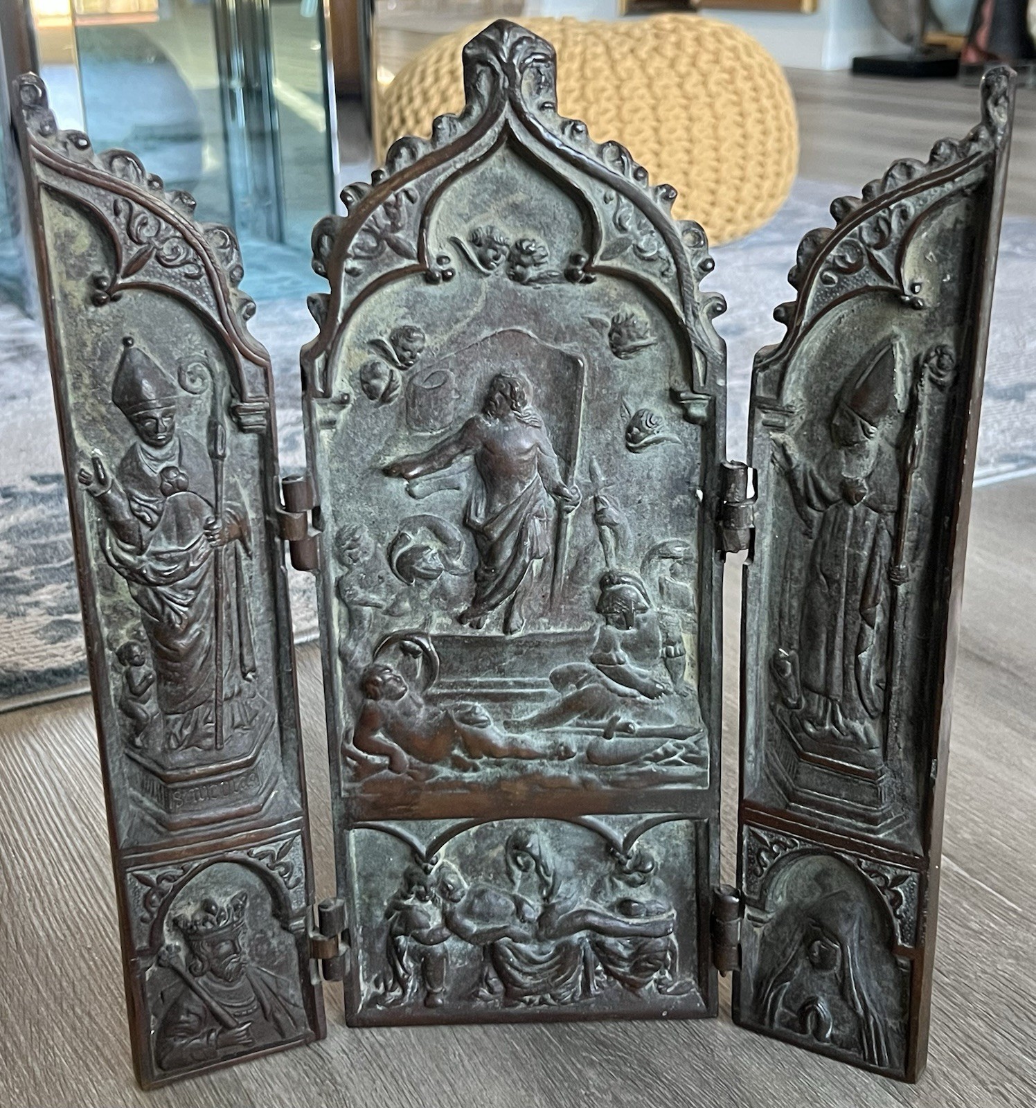 Religious Antique Bronze Triptych Resurrection Christ 13x10” -7lbs