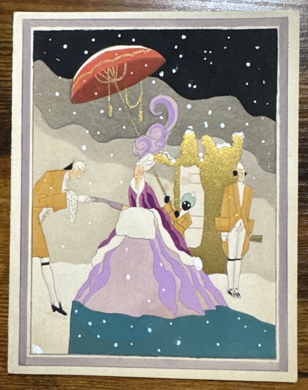 Vintage Art Deco Pochoir Xmas Greeting Card, Her Majesty Arriving in Snow, Grand