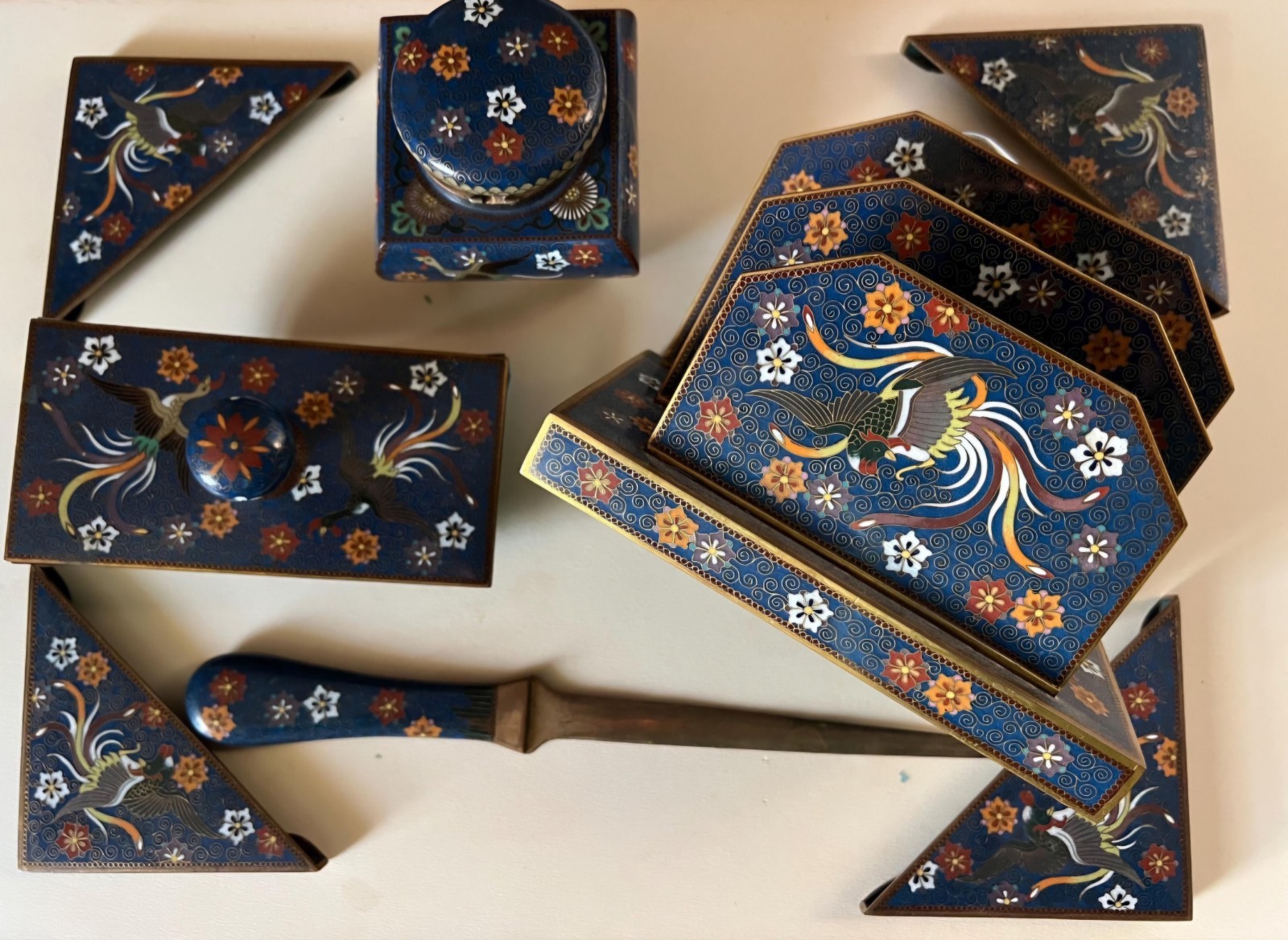 Cloisonne 8 Pcs Inaba Phoenix Japanese Enamel Desk Set Ink Well Letter Opener Cloisonne 8 Pcs Inaba Phoenix Japanese Enamel Desk Set Ink Well Letter Opener