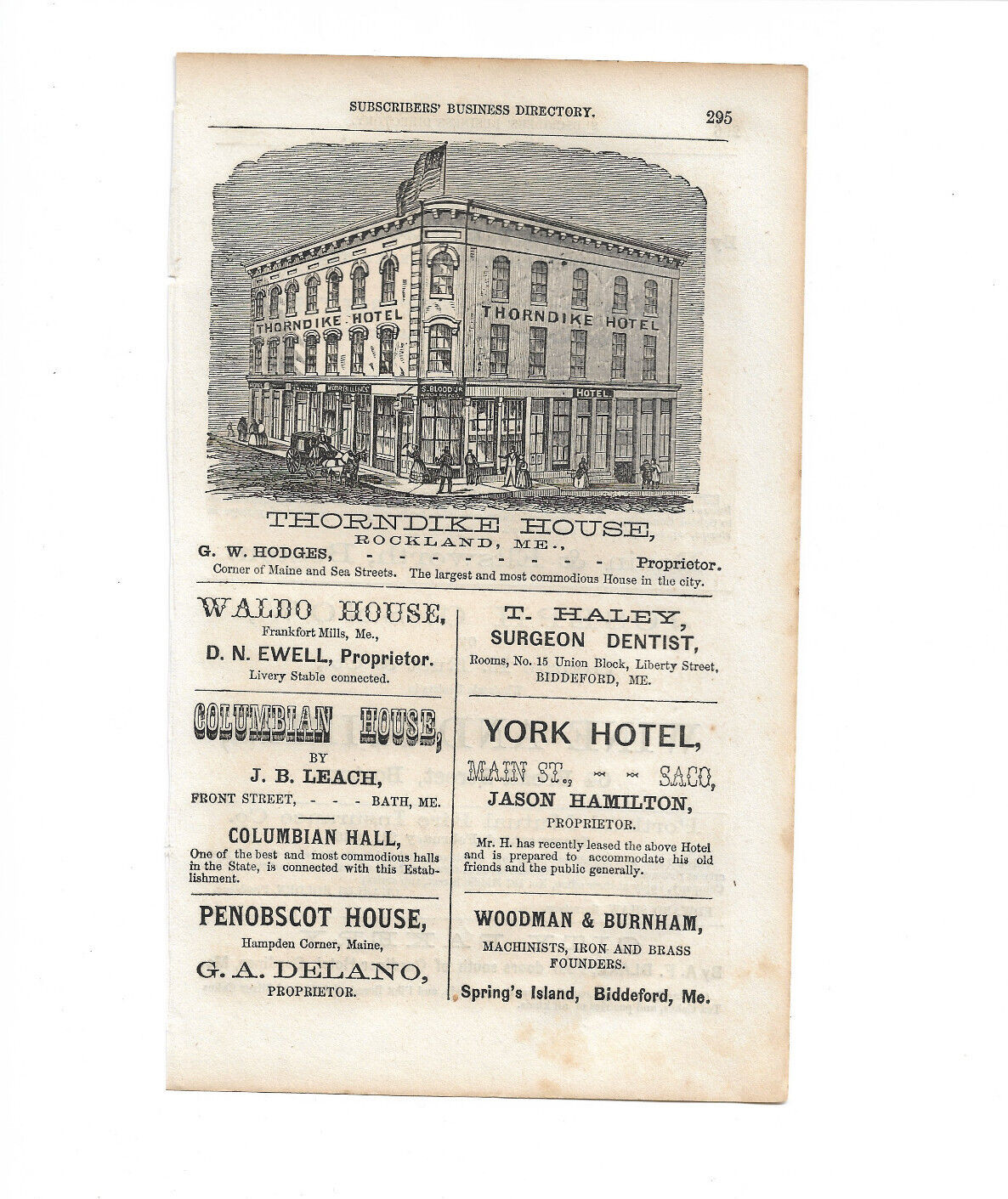 1861 Business Directory Ad ~ Thorndike Hotel ~ Rockland, Maine