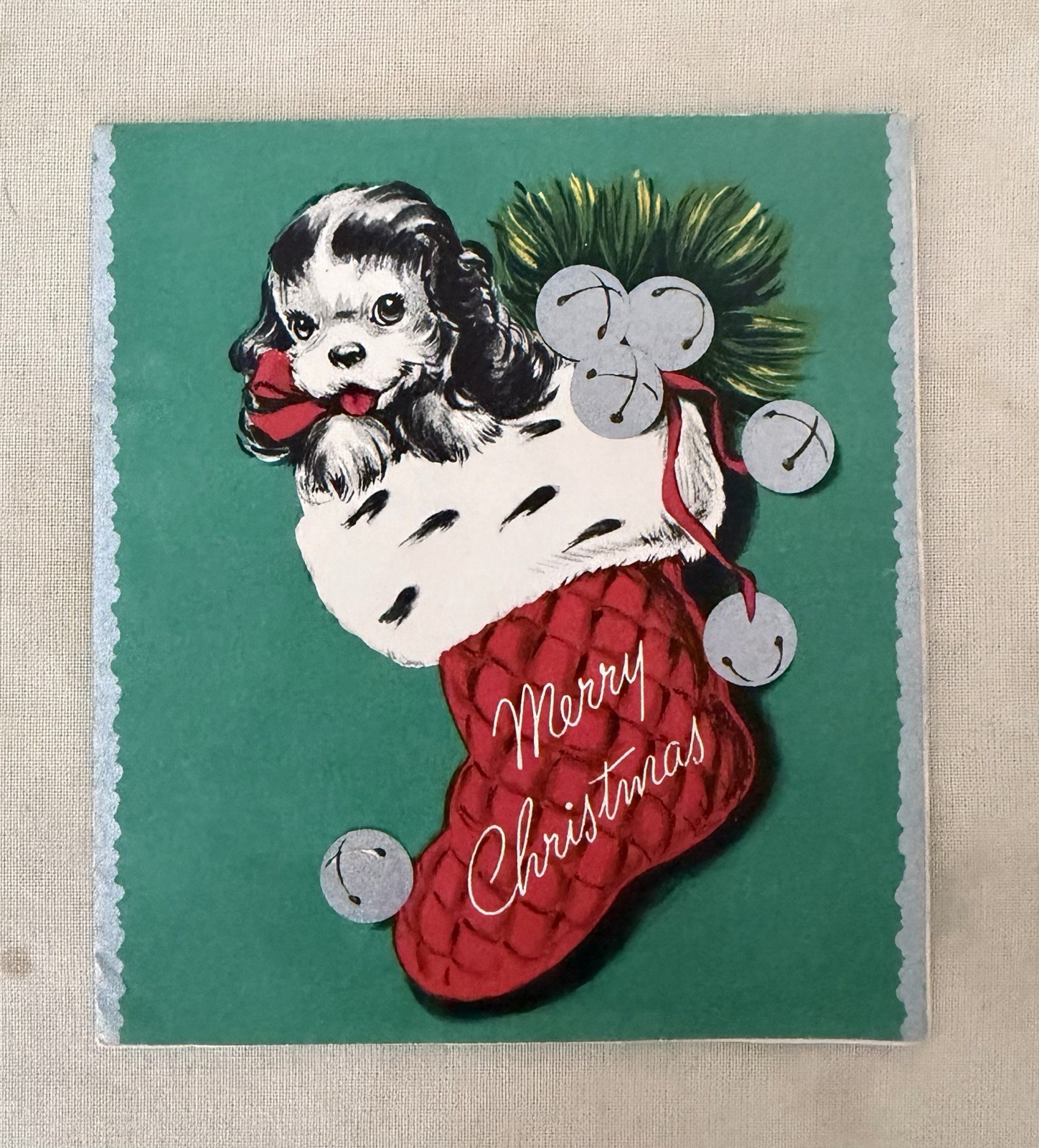1940’s Merry Christmas Puppy Dog In Stocking Greeting Card 