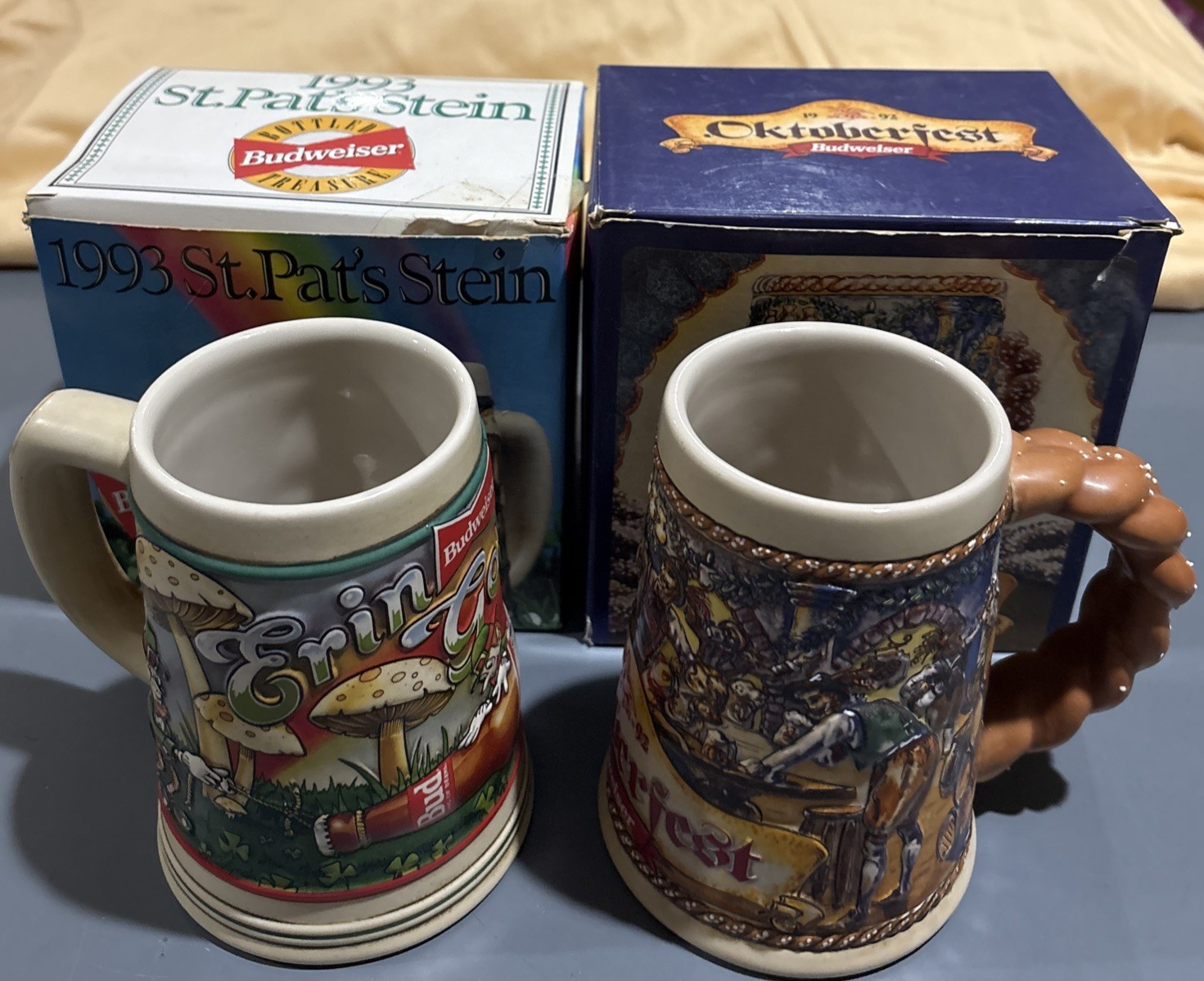 1992 Budweiser Oktoberfest Stein Mug With Pretzel Handle W 1993 St. Pats Stein