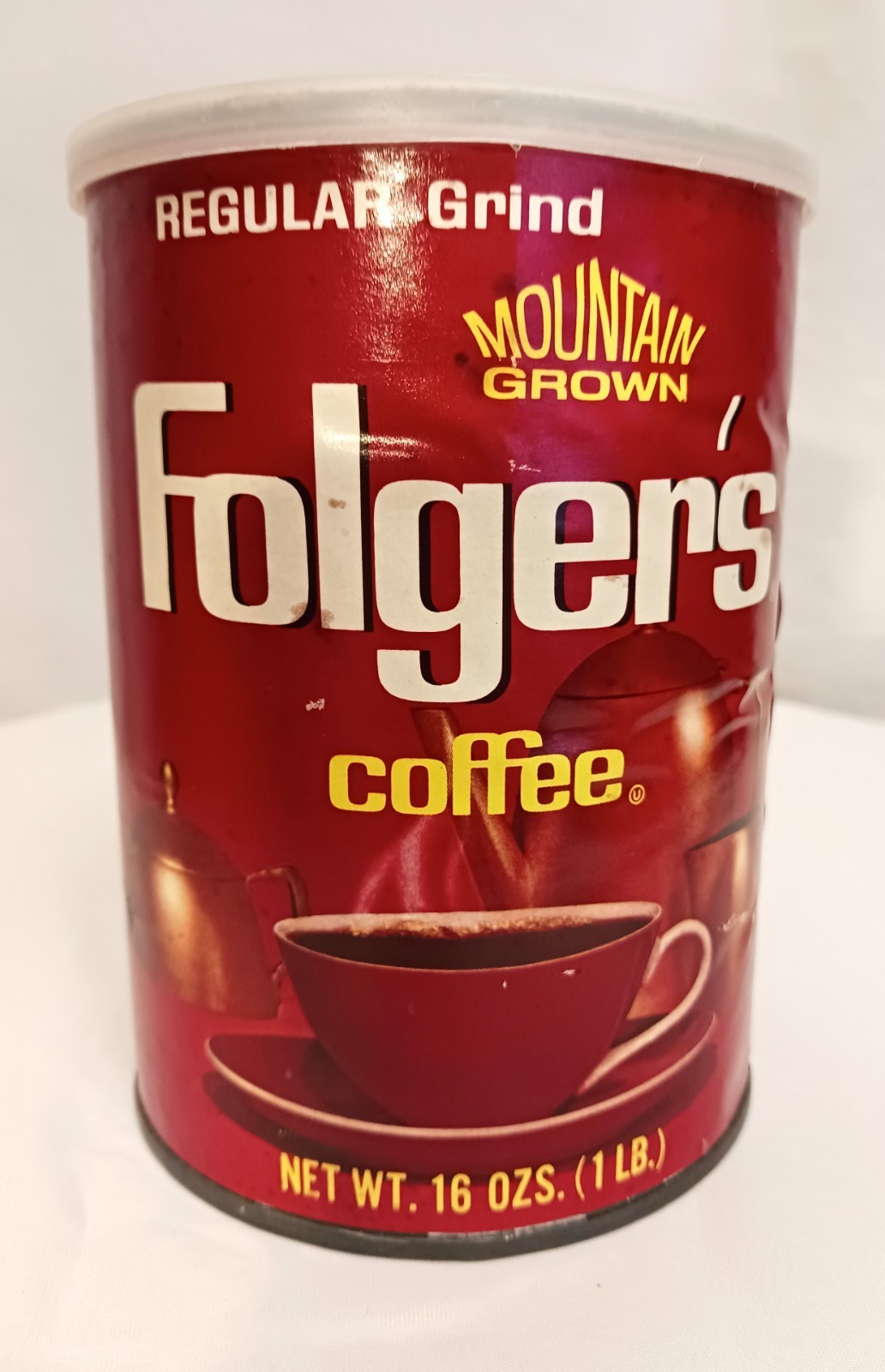 Vintage Folger\'s 16 Ozs. 1 Lb. Coffee Tin Paper Label With Lid Empty