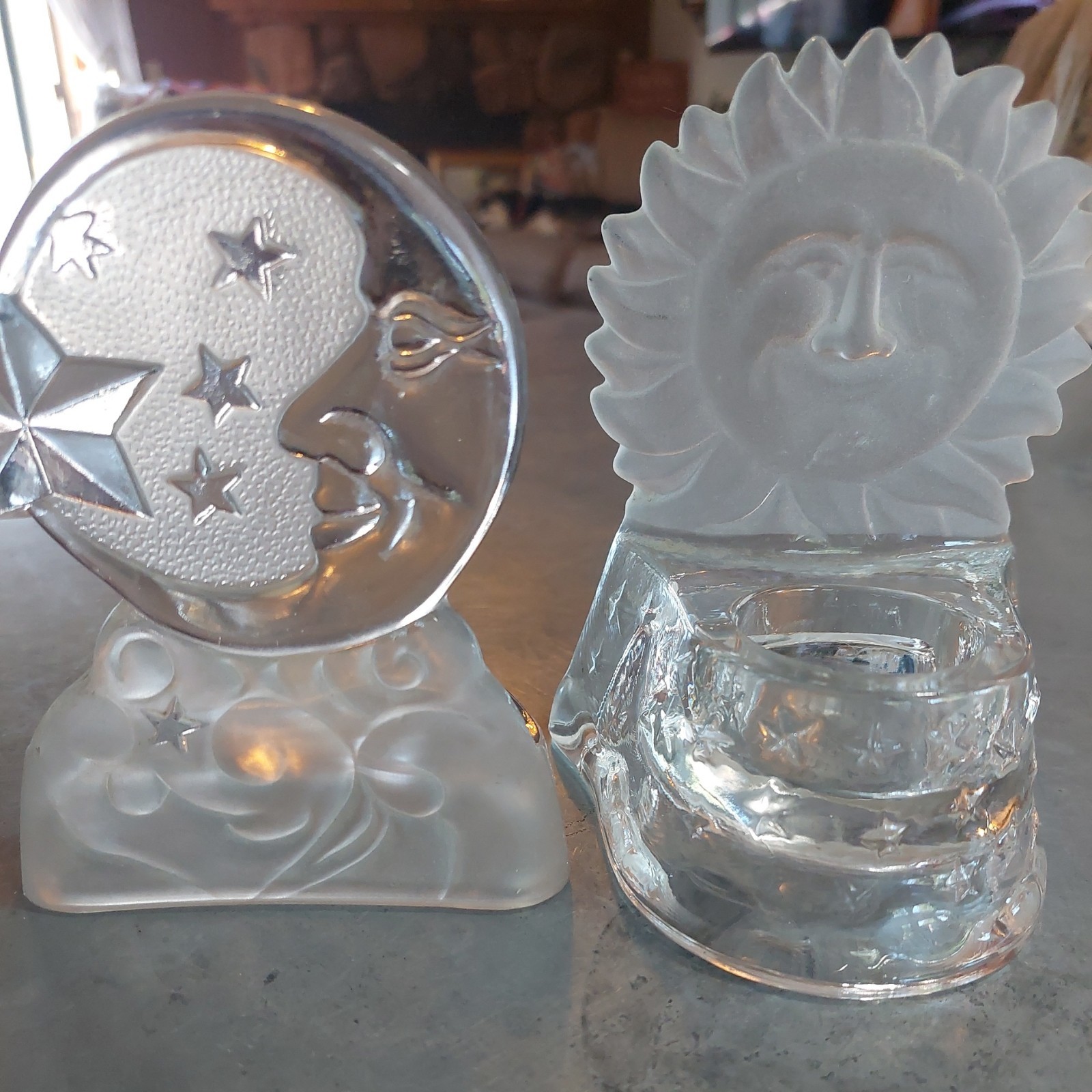 Vintage Glass Celestial Moon Sun Face Stars Candle Holders  Frosted PL set