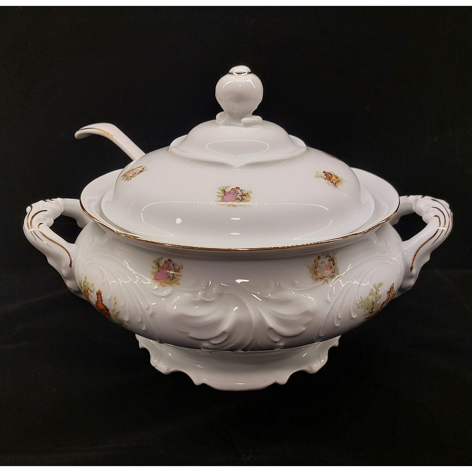 Vintage Wawel Poland Porcelain Soup Tureen Set with Lid Ladle Gold Trim China