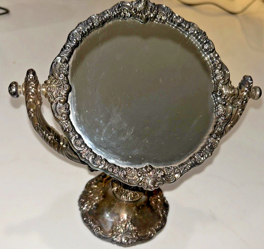 Antique Baroque by Wallace 1940s Silver Plated Vanity Mirror Antique Baroque by Wallace 1940s Silver Plated Vanity Mirror