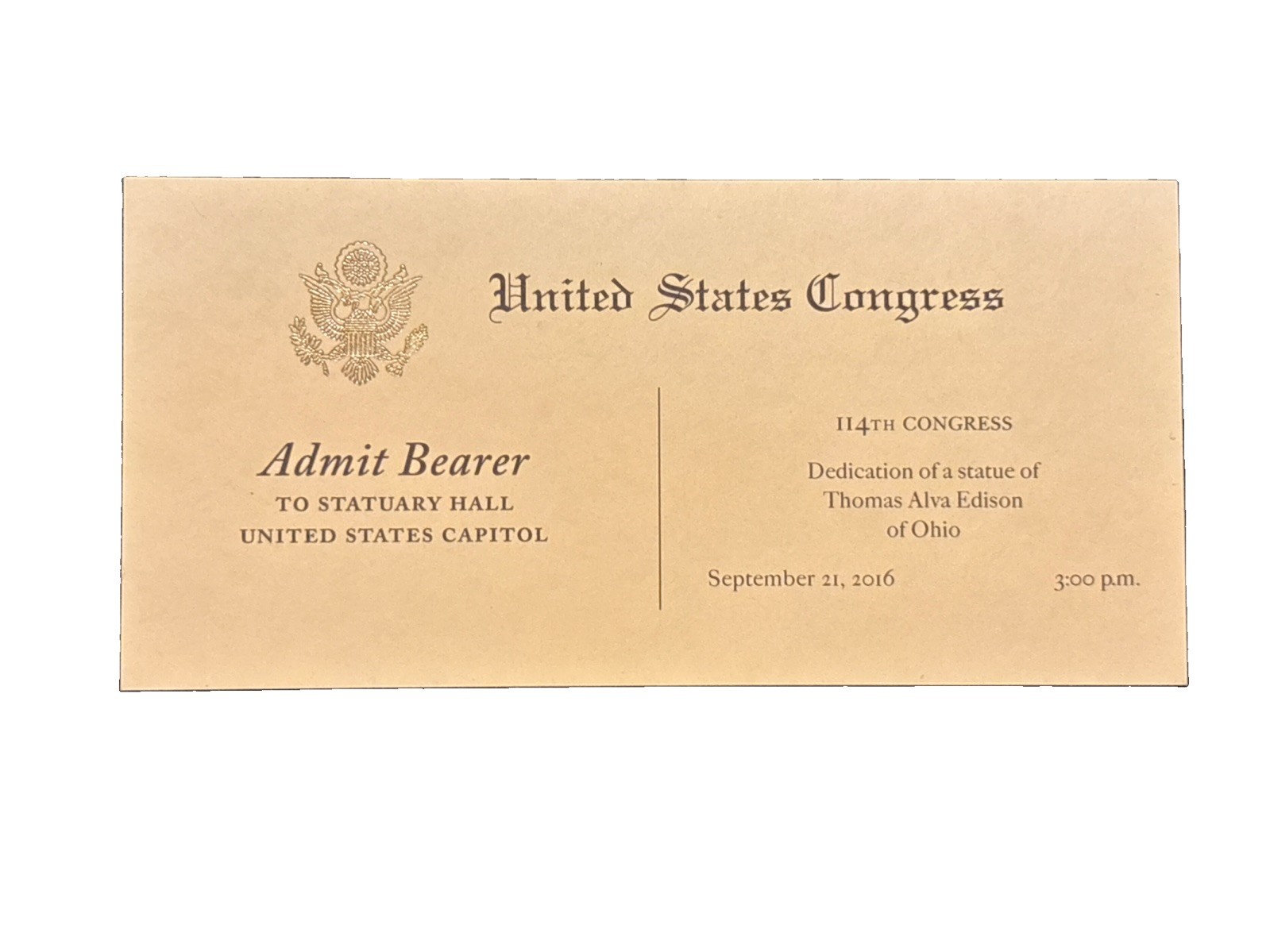 2016 Dedication of the Statue of Thomas Alva Edison in Statuary Hall Ticket PSA
