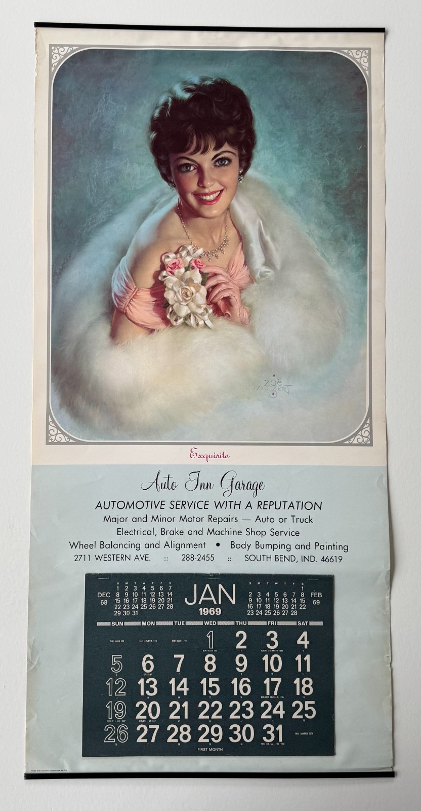 Vintage 1969 Zoe Mozert Exquisite Calendar Auto Inn Garage South Bend IN