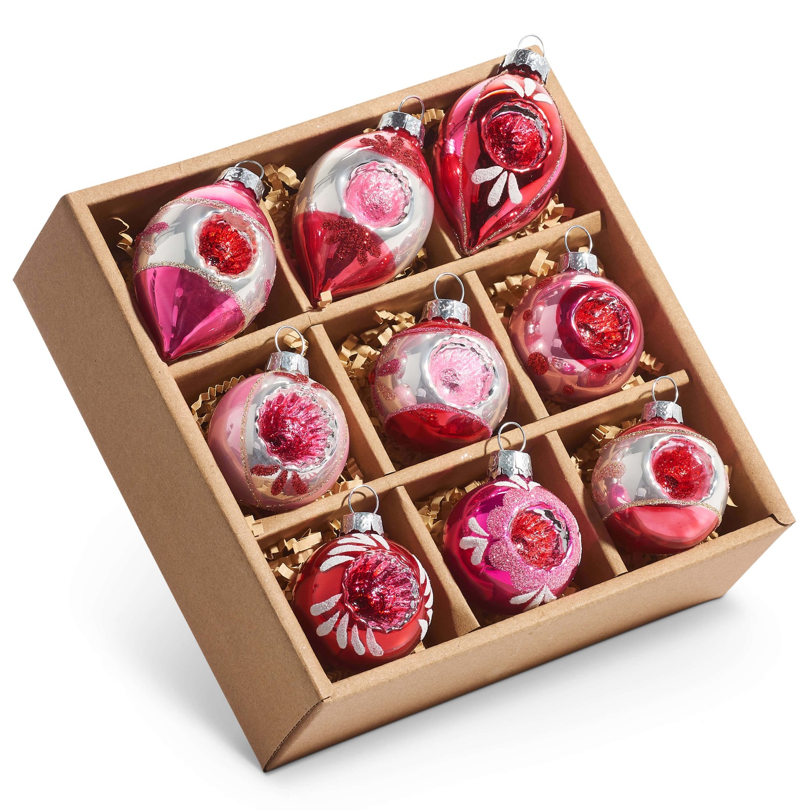 Vintage Pink Indent Reflector Ornaments Box Set/9
