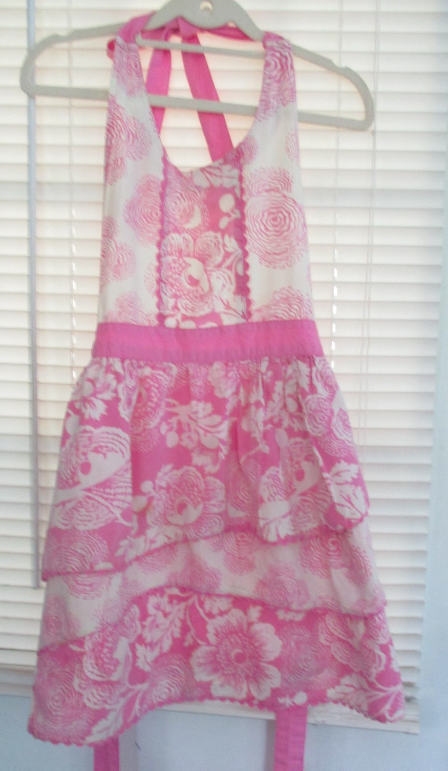 Vintage Full Bib Apron Pink White Floral Print Halter Top Layered Skirt