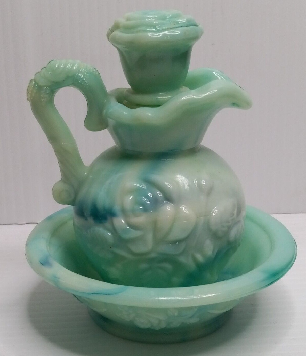 VINTAGE AVON AQUA BLUE GREEN MINI BOWL AND PITCHER SET 