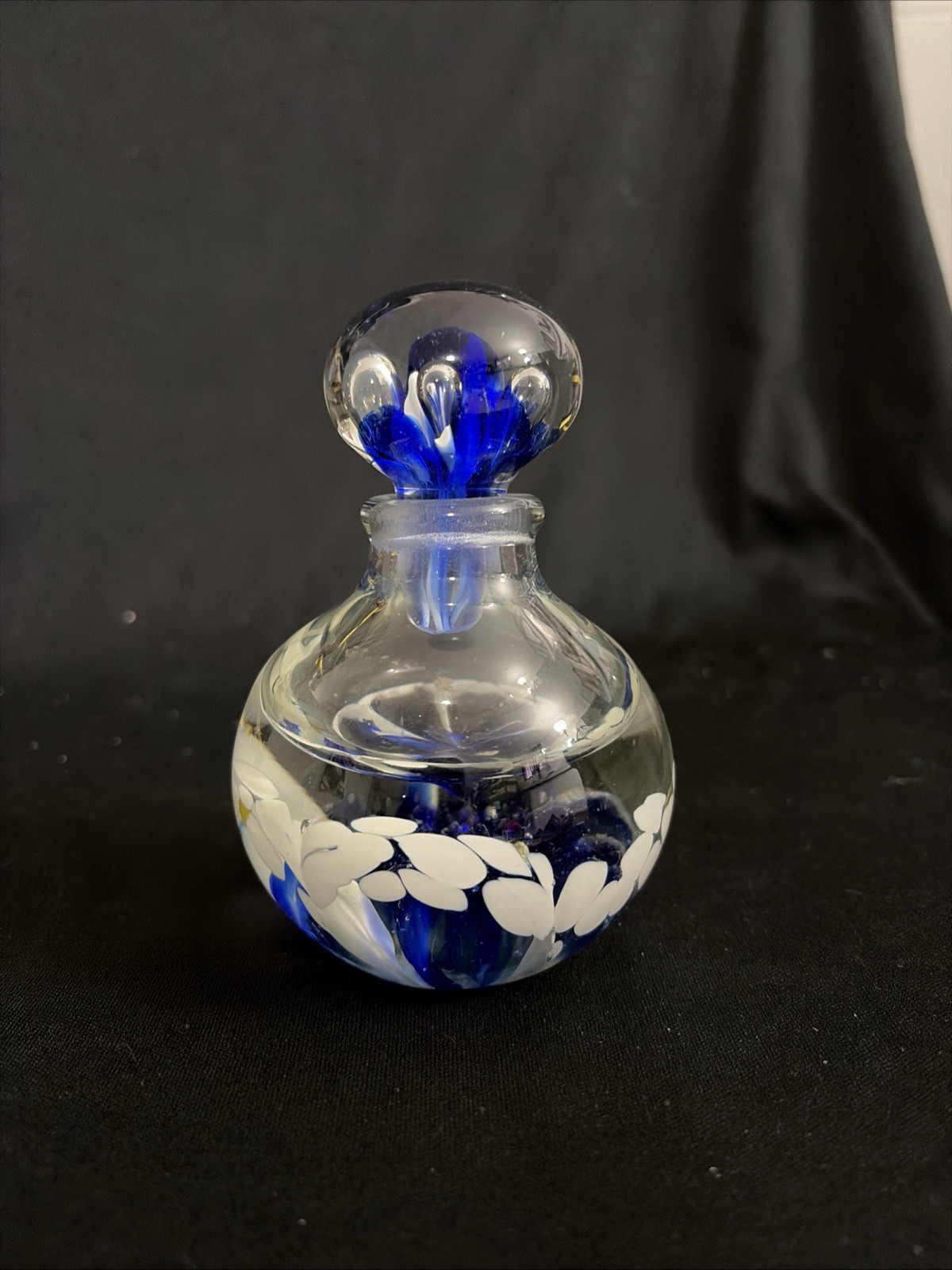 Vintage Joe Rice Art Glass Perfume Bottle Blue And White Floral Trumpet Flower Vintage Joe Rice Art Glass Perfume Bottle Blue And White Floral Trumpet Flower