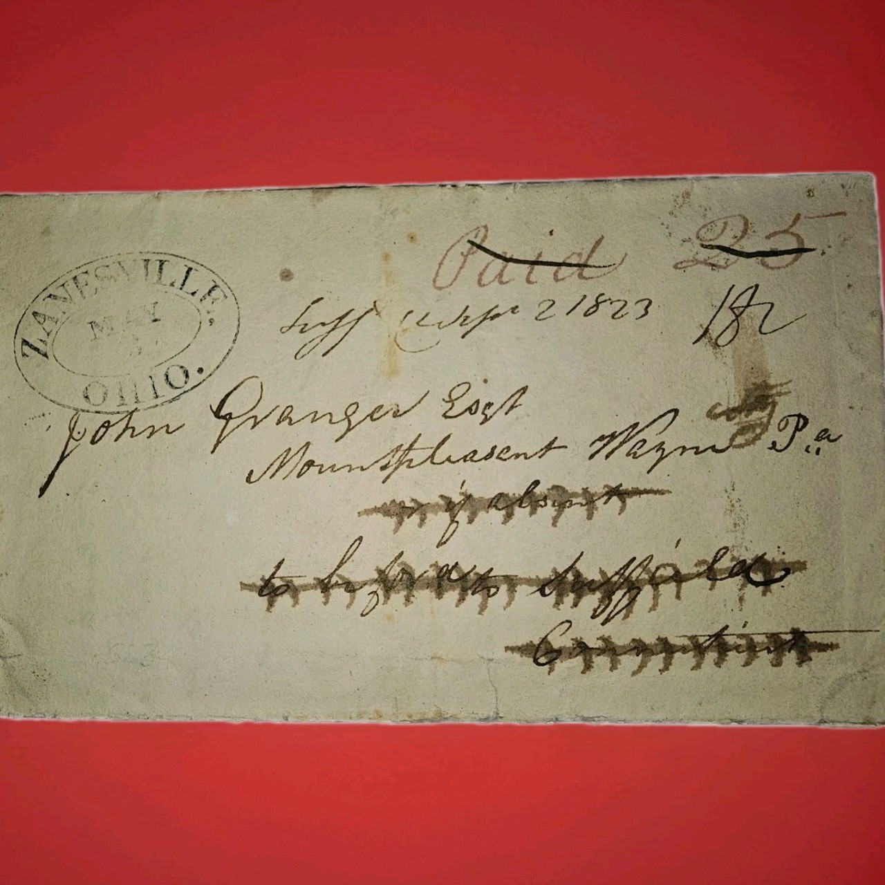 1823 Oliver Granger ALS Stampless Letter Zanesville OH Mormon Founder LDS D&C