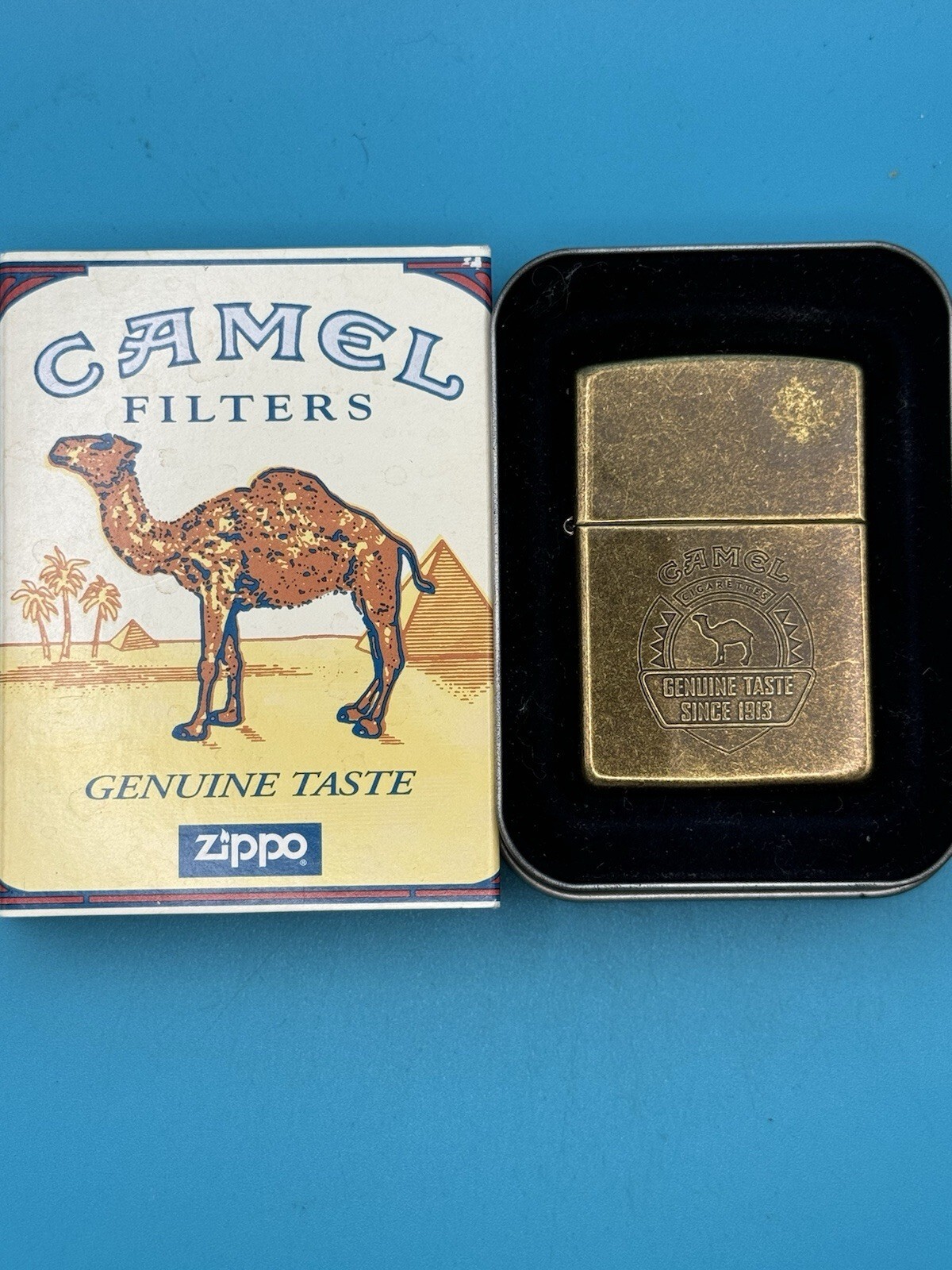 Vintage 1997 Camel Genuine Taste Antique Brass Zippo Lighter NEW