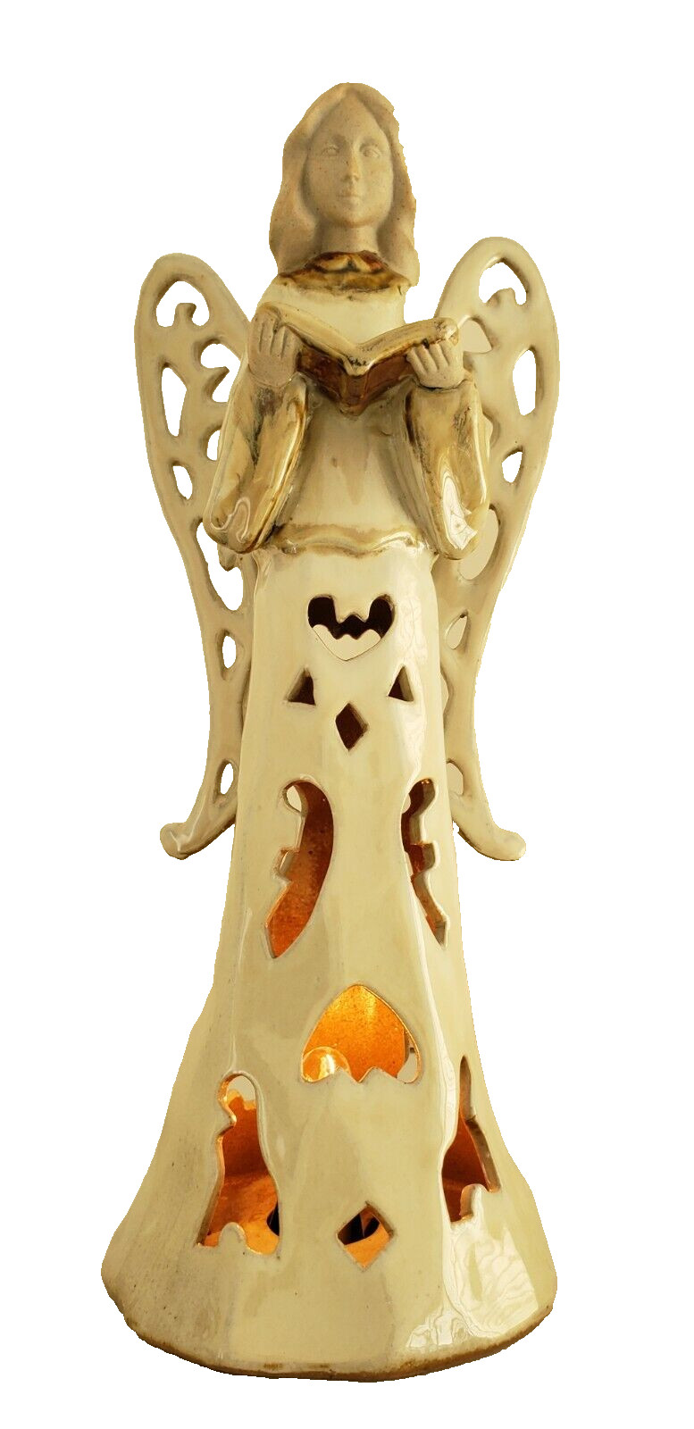 Lighted Angel Figurine Ivory Ceramic Lattice Wings Cutout Corded Electric 14 In