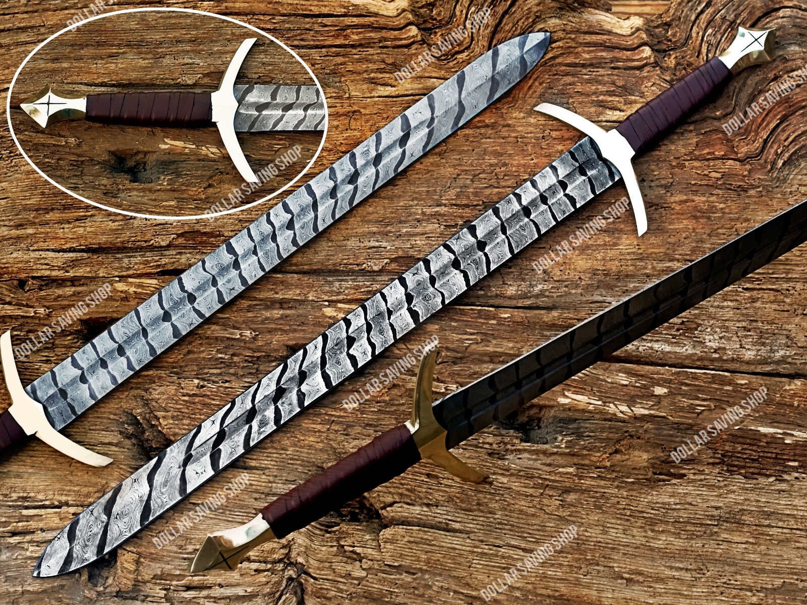 Unique Handmade Damascus Steel Viking / Medieval Sword With Leather Sheath.