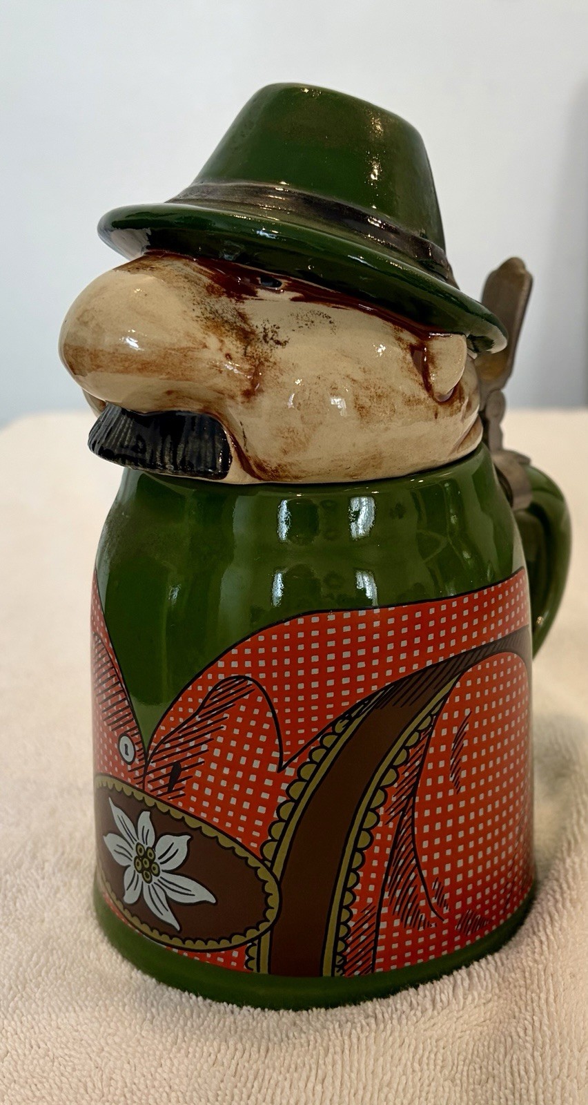 German GERZ GERZIT Vintage Lidded Figural Stein Mustache Man with Hat Mountain German GERZ GERZIT Vintage Lidded Figural Stein Mustache Man with Hat Mountain