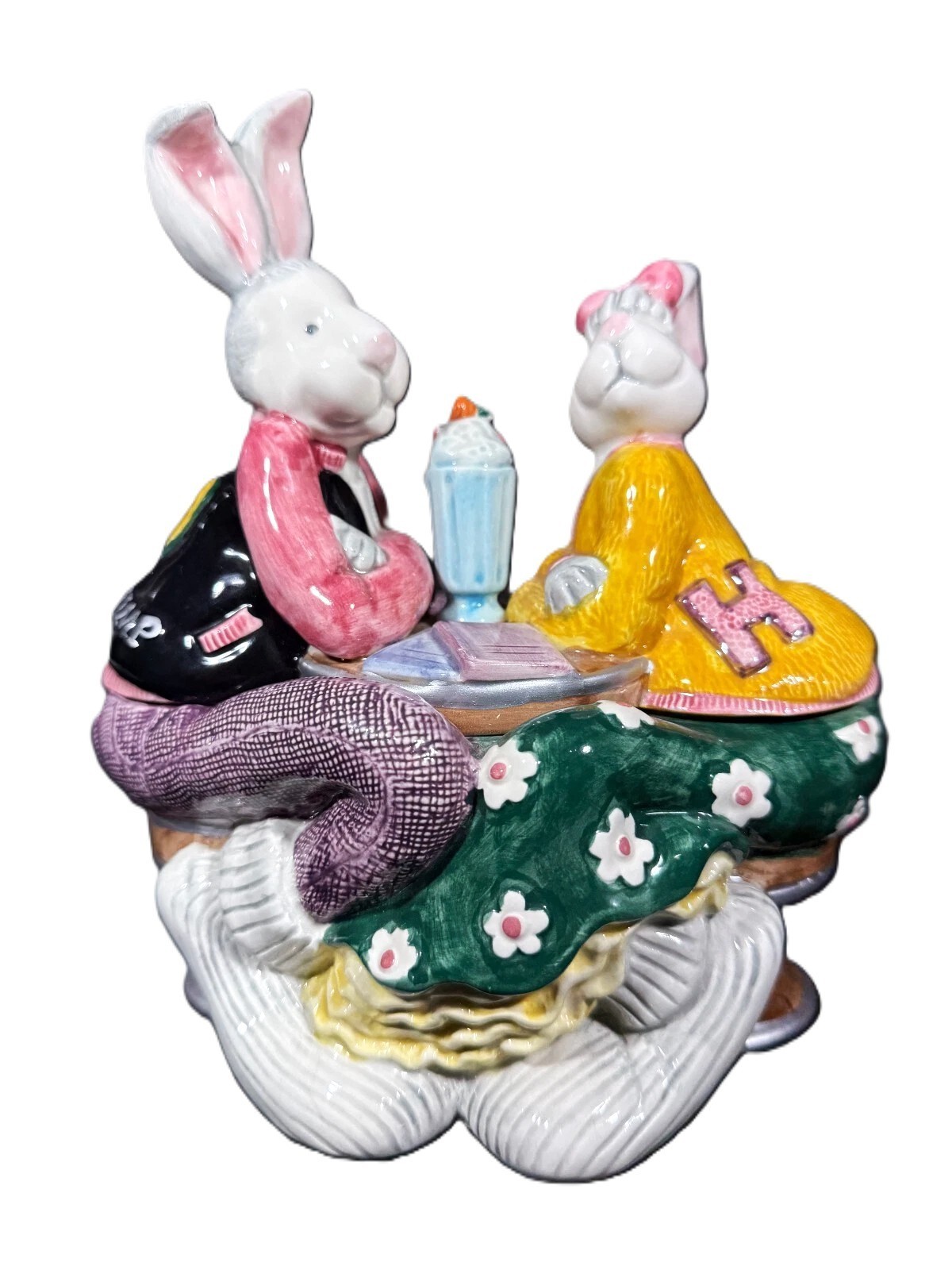 Fitz And Floyd 1994 Sock Hoppers Candy Dish Malt Shop Easter Bunny Rabbits
