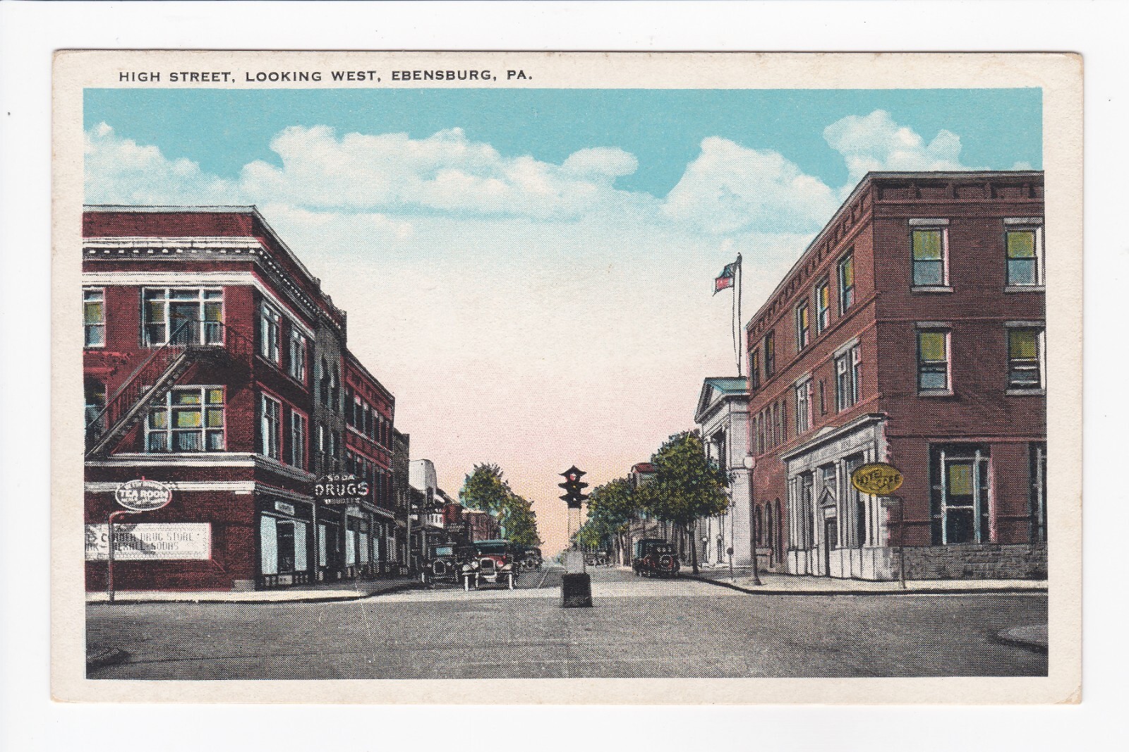 High Street Looking West Ebensburg Pennsylvania Hotel Drug Store WB Postcard