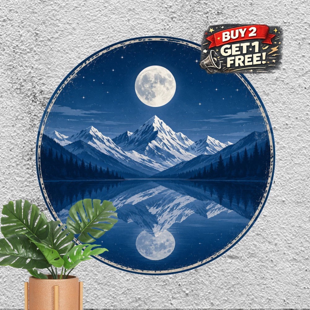 Minimalist Snowy Peaks Moonlit Lake Round Metal Sign 8x8 Mountain Tin Plaque