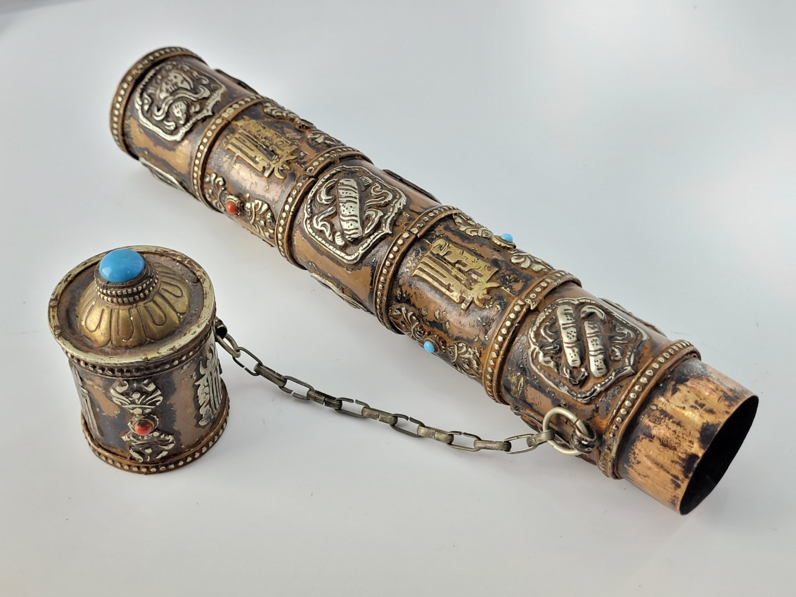 1800s Tibetan Buddhist Copper Silver Brass Prayer Scroll Incense Holder 10.5
