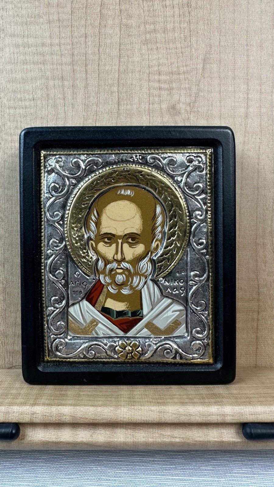 Saint Nicolaos - 950 Silver Icon On Wood, Locally 24k Gold Plated