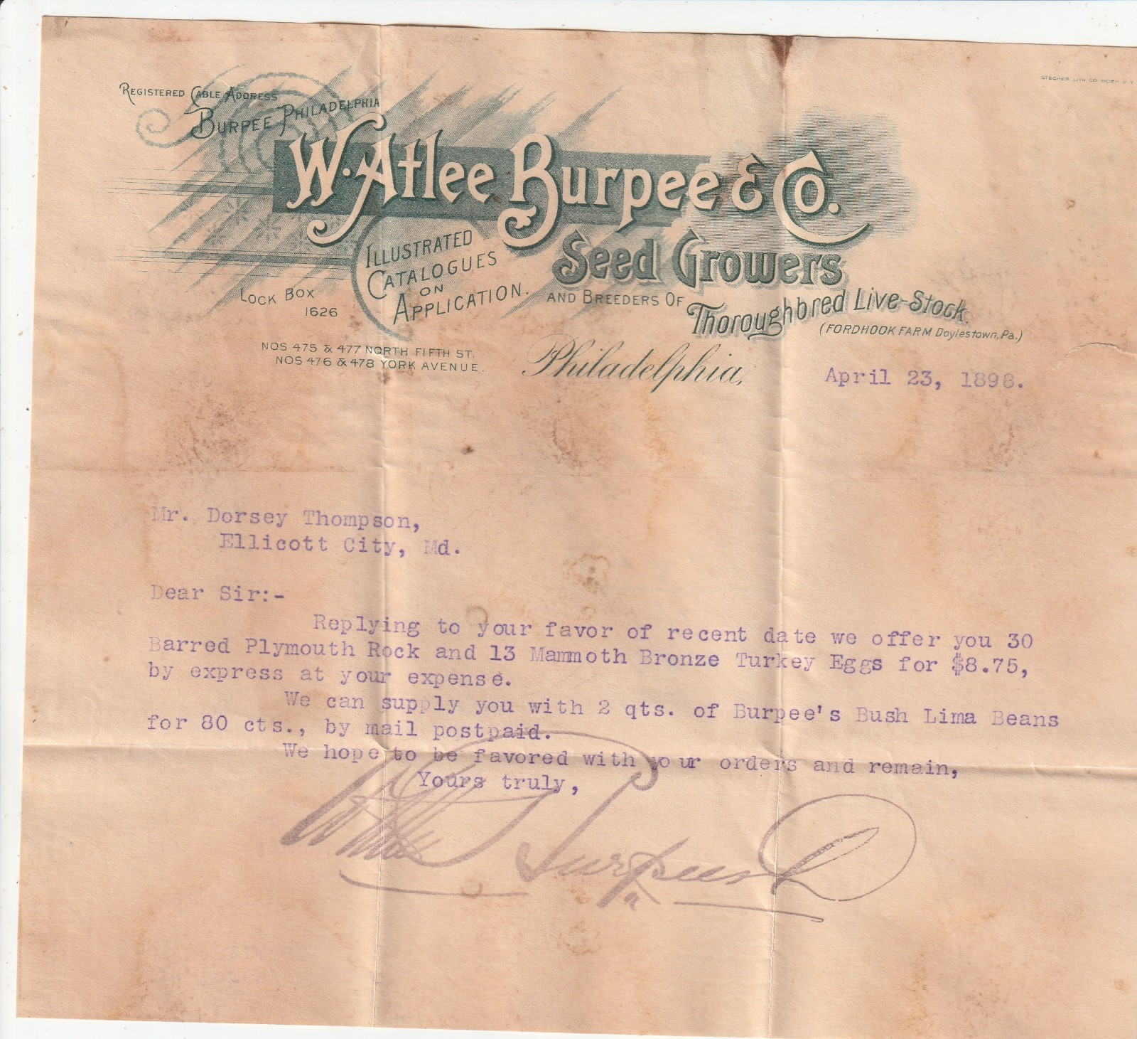 Philadelphia PA   W. Atlee Burpee & Co.   1898 Letter  re: products for sale
