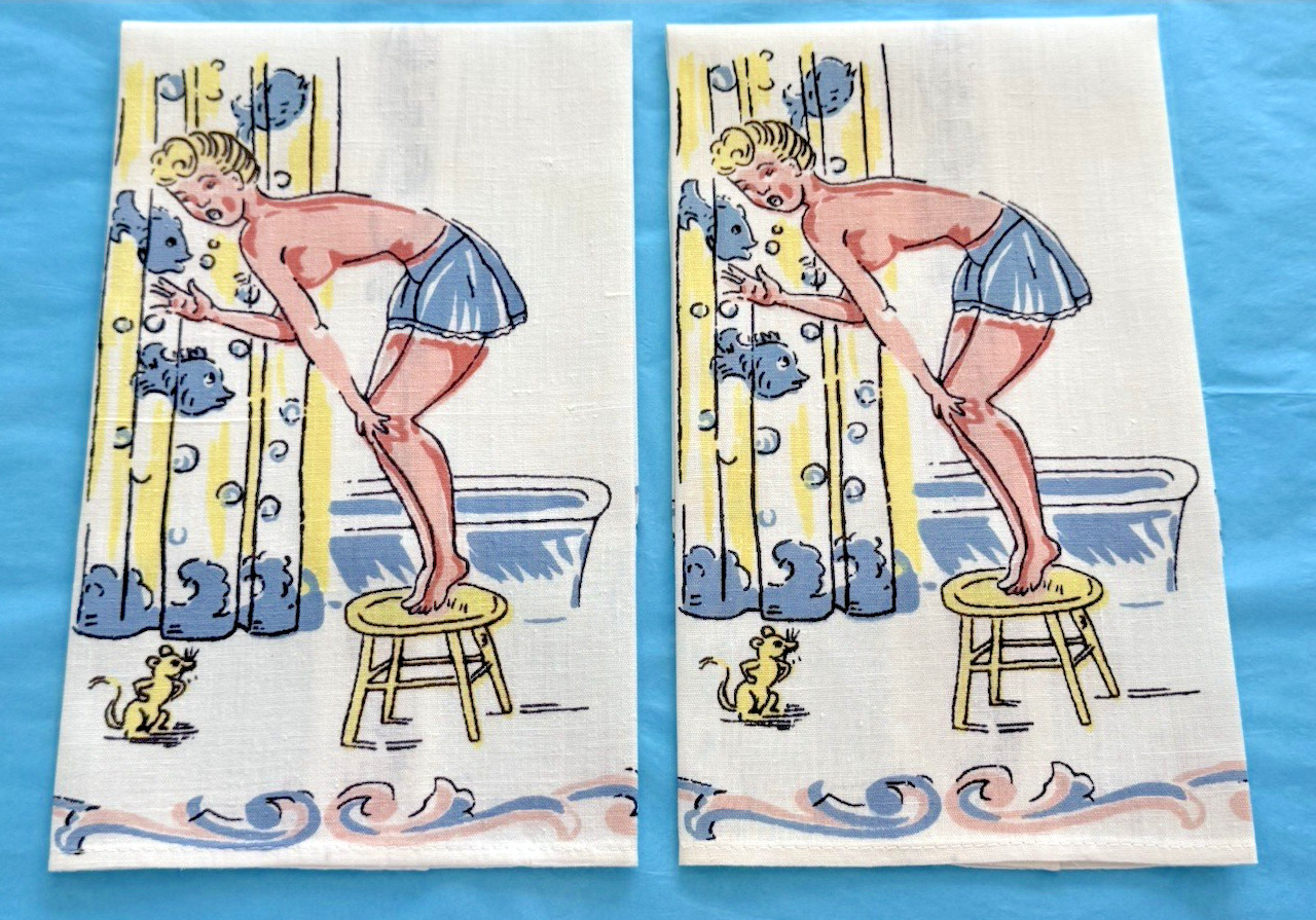 Vintage Tea Towels 1950s Guest Bath Bar Towels Risque Girls Fish Linen MCM Retro