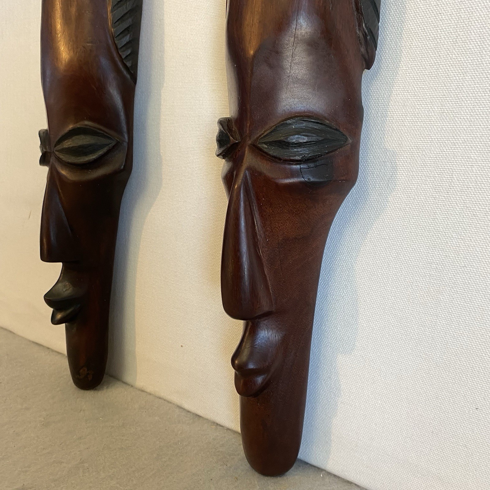 Pair of  Vtg  MCM Hand  Carved Wood African Fang Style Long Face Masks  Wall Art