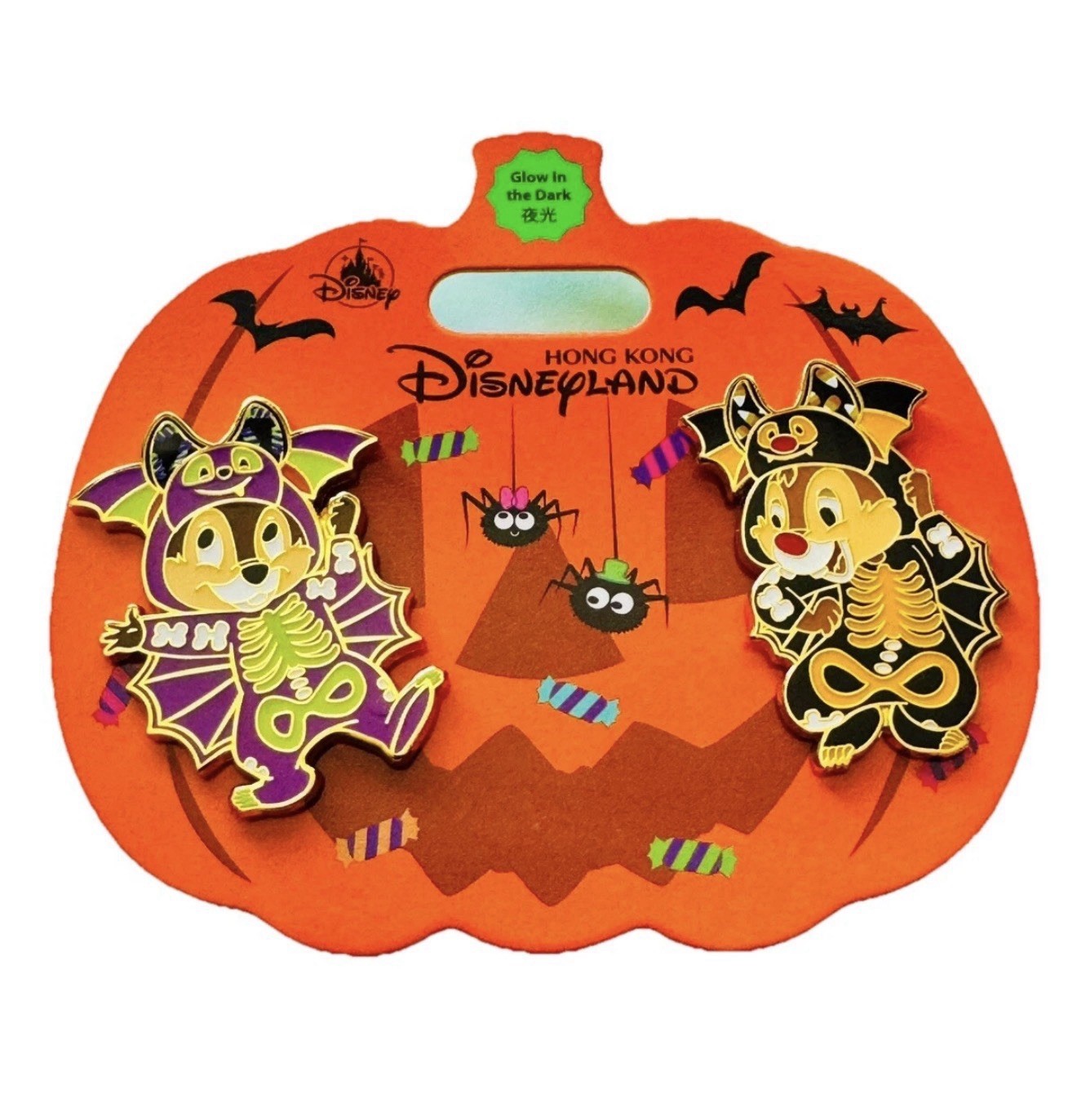 Disneyland Hong Kong HKDL Halloween 2 Pin Set 2024 Chip & Dale As Skeleton Bat